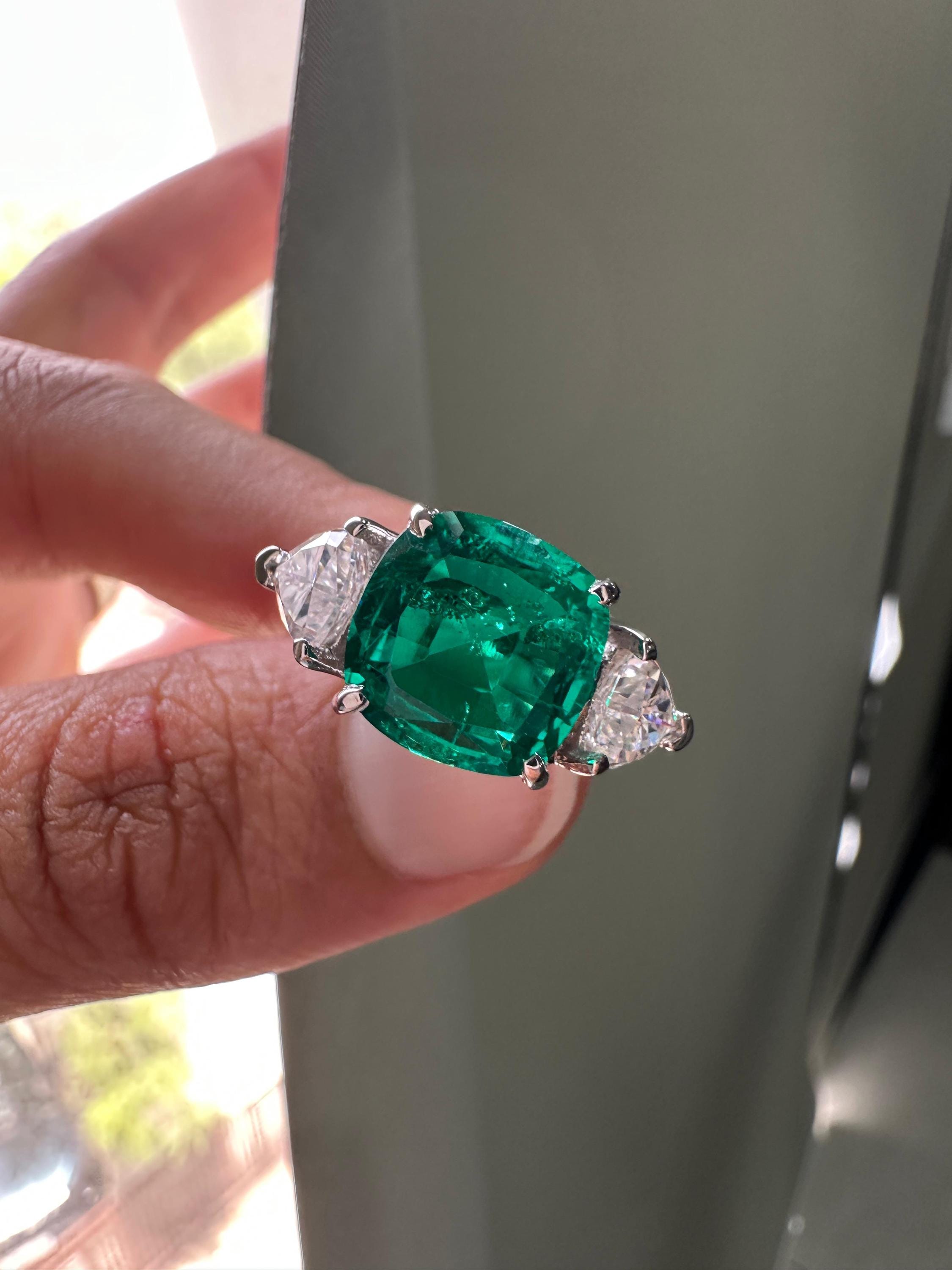 Lab Colombian Emerald Engagement Ring, 6 CT Cushion Cut, 14K White Gold Three Stone Ring