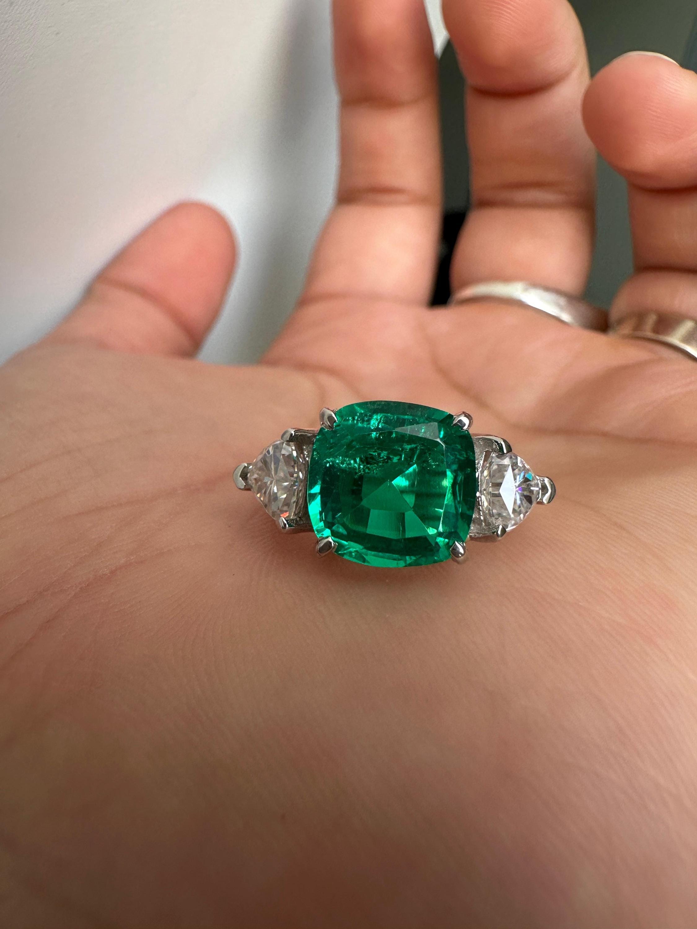 14k White Gold Cushion Emerald Ring | Trillion Moissanite Three Stone Ring