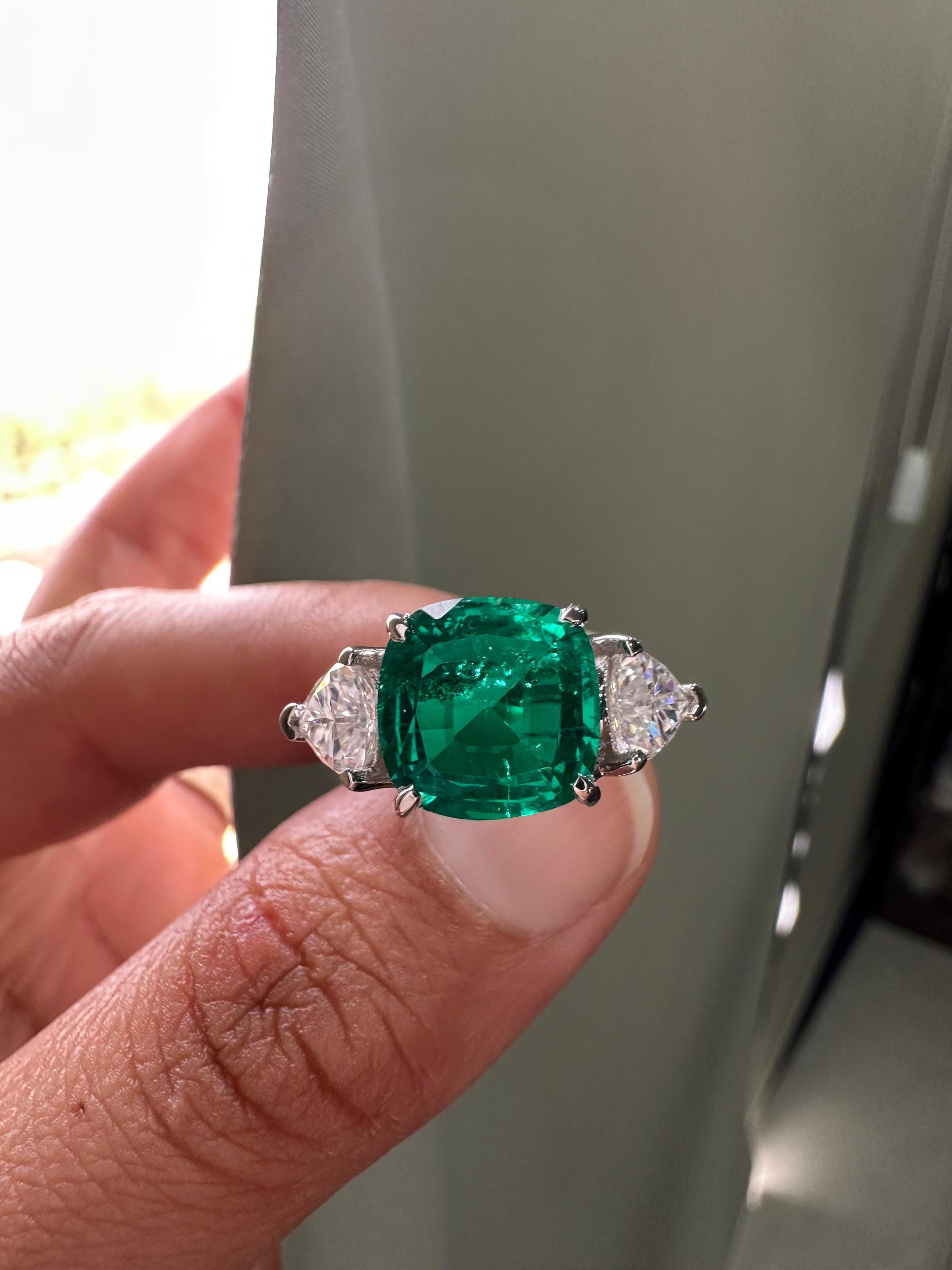 14k White Gold Cushion Emerald Ring | Trillion Moissanite Three Stone Ring