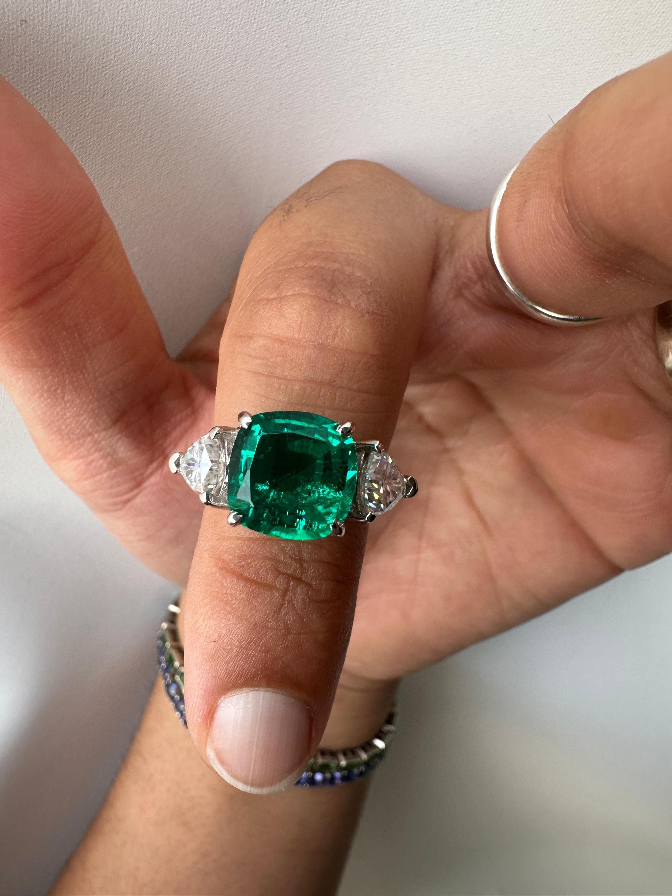 Lab Colombian Emerald Engagement Ring, 6 CT Cushion Cut, 14K White Gold Three Stone Ring