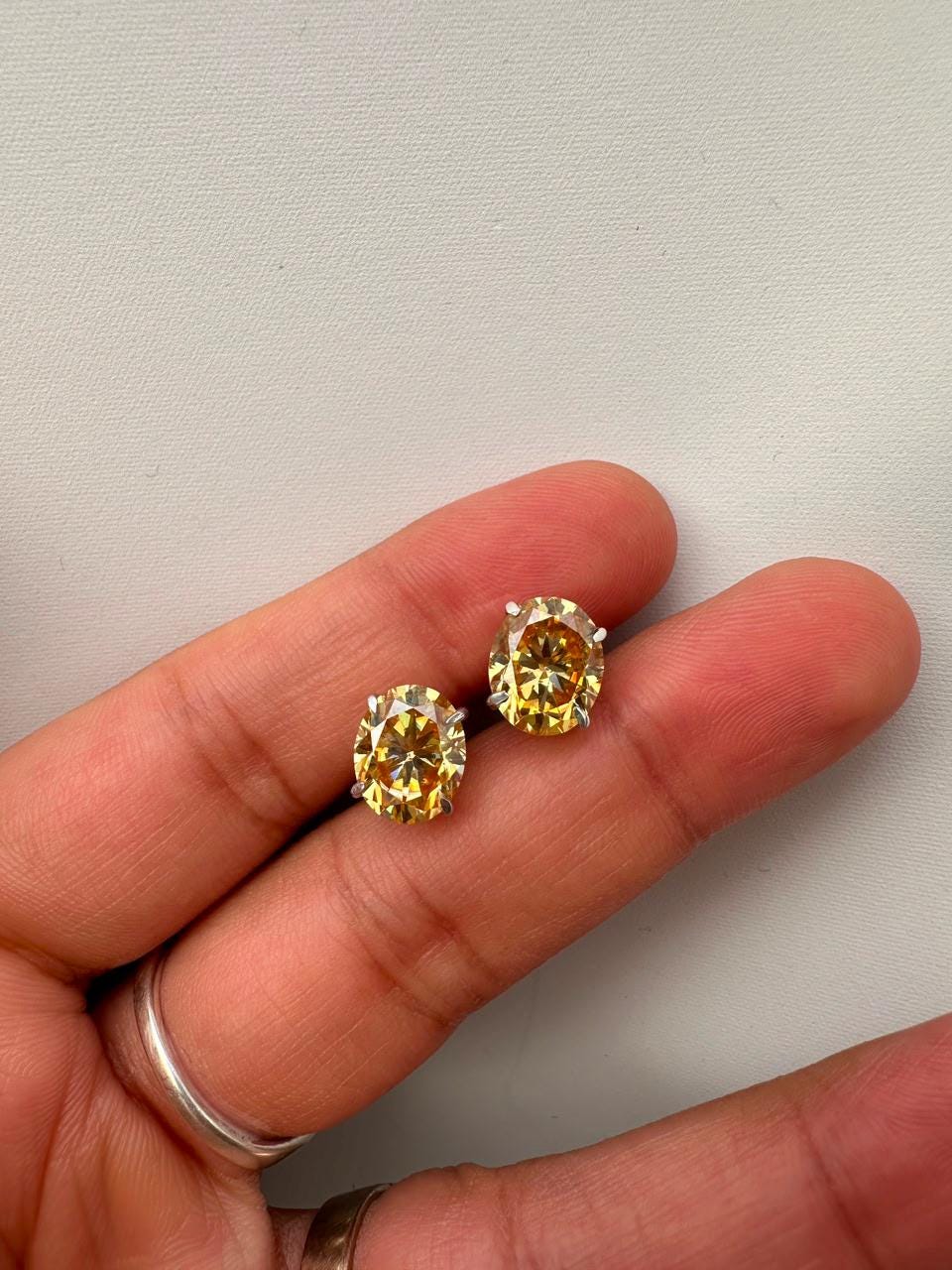 8 CT Oval Yellow Moissanite Solitaire Stud Earrings, 14K White Gold Statement Jewelry
