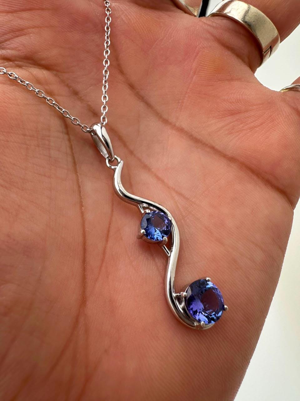 Natural Tanzanite Wave Pendant | Two Stone Necklace | 2.25CT | 14K White Gold