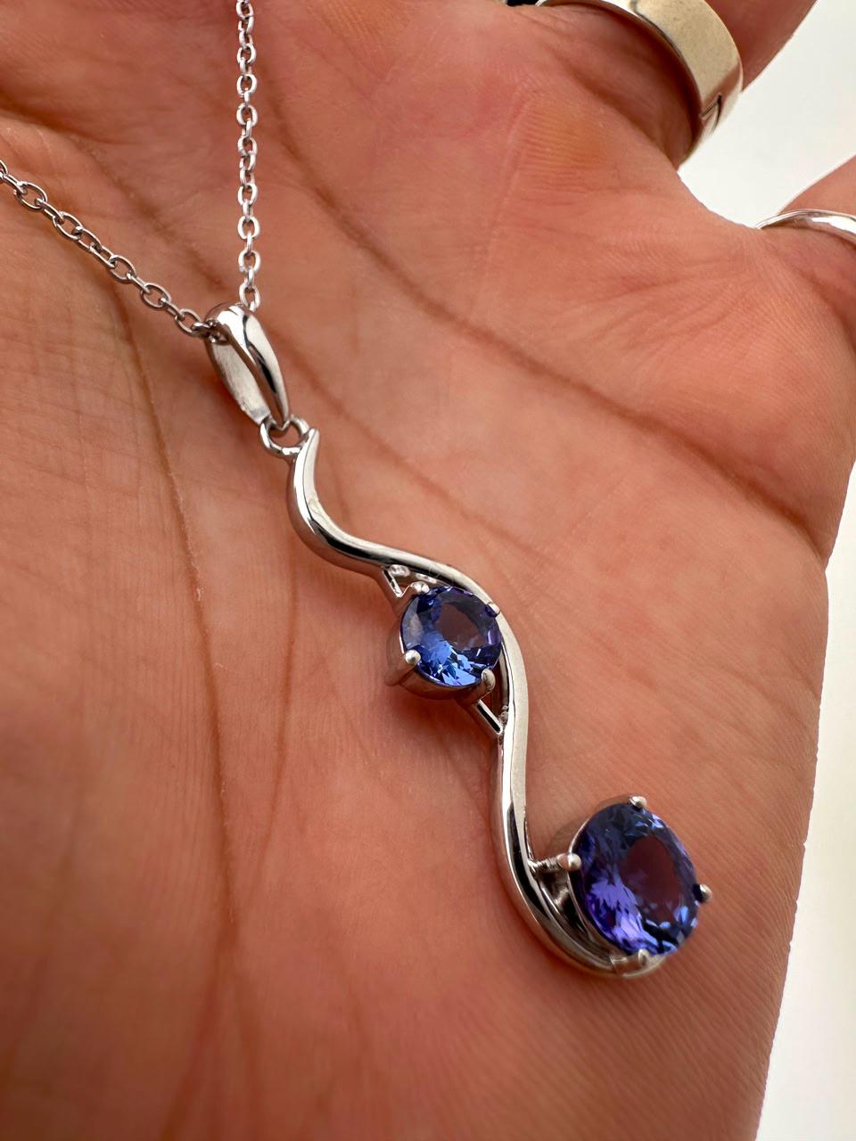 Natural Tanzanite Wave Pendant | Two Stone Necklace | 2.25CT | 14K White Gold
