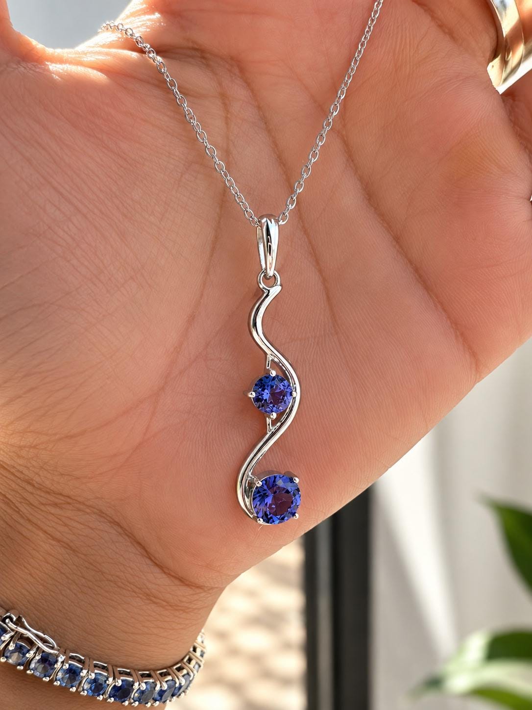Natural Tanzanite Wave Pendant | Two Stone Necklace | 2.25CT | 14K White Gold