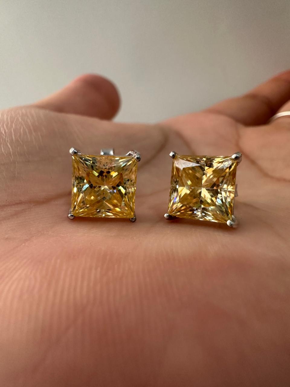 7 CT Princess Cut Yellow Moissanite Stud Earrings, 14K White Gold Statement Jewelry