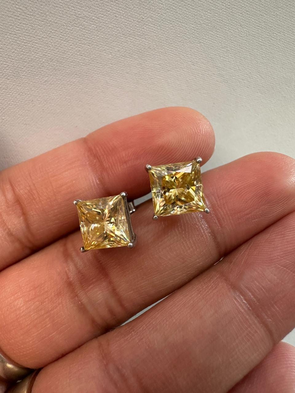 7 CT Princess Cut Yellow Moissanite Stud Earrings, 14K White Gold Statement Jewelry