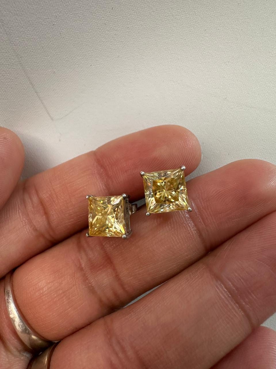 7 CT Princess Cut Yellow Moissanite Stud Earrings, 14K White Gold Statement Jewelry