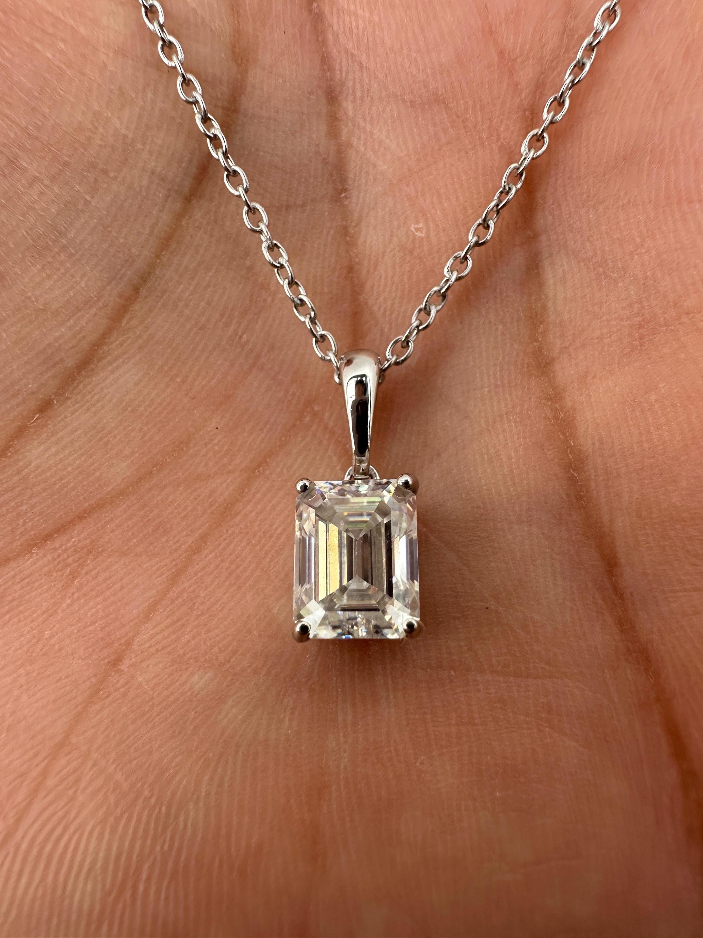 2 CT Emerald Cut Moissanite Solitaire Pendant Necklace, 925 Sterling Silver, Minimalist Fine Jewelry