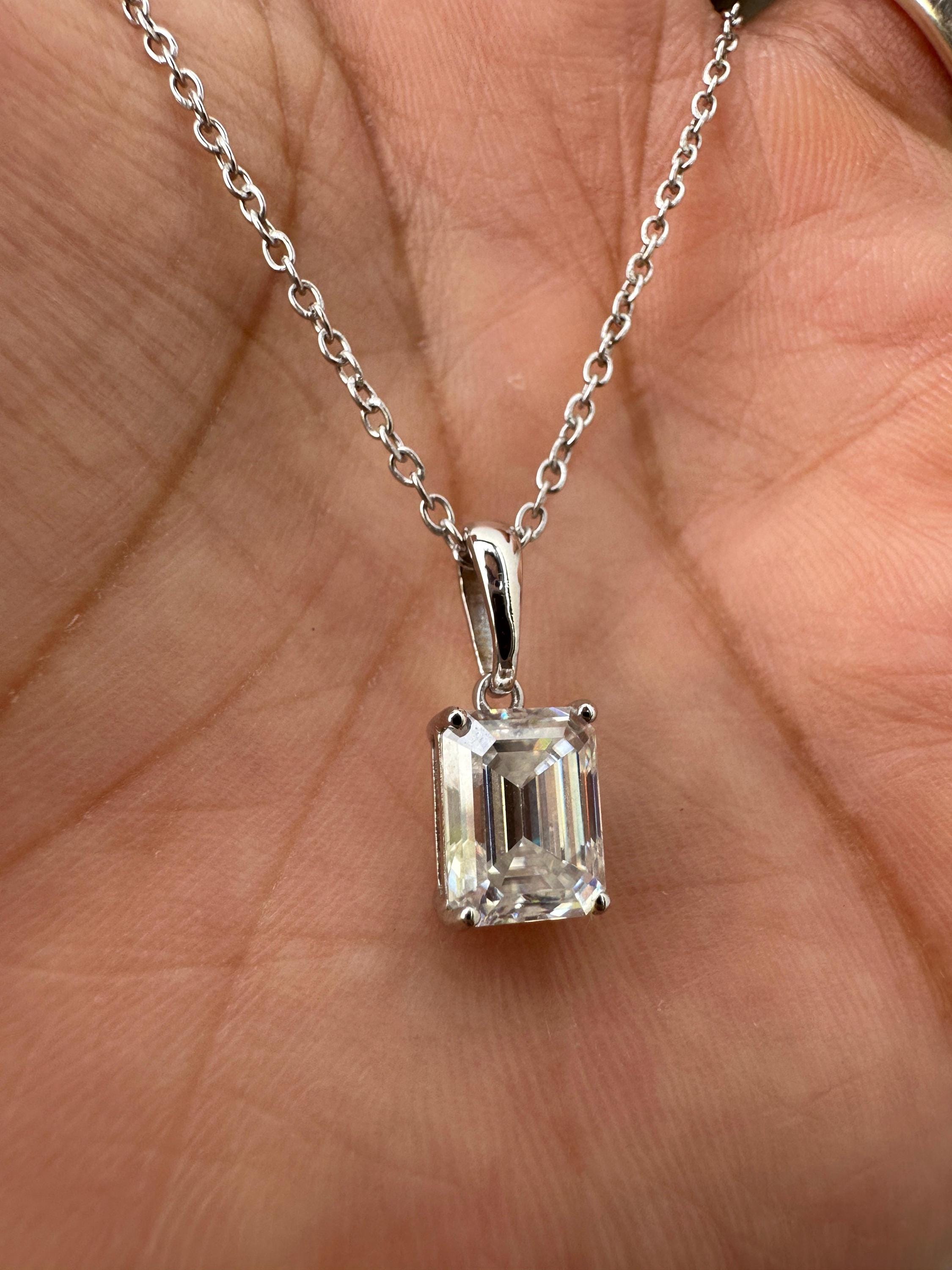 2 CT Emerald Cut Moissanite Solitaire Pendant Necklace, 925 Sterling Silver, Minimalist Fine Jewelry