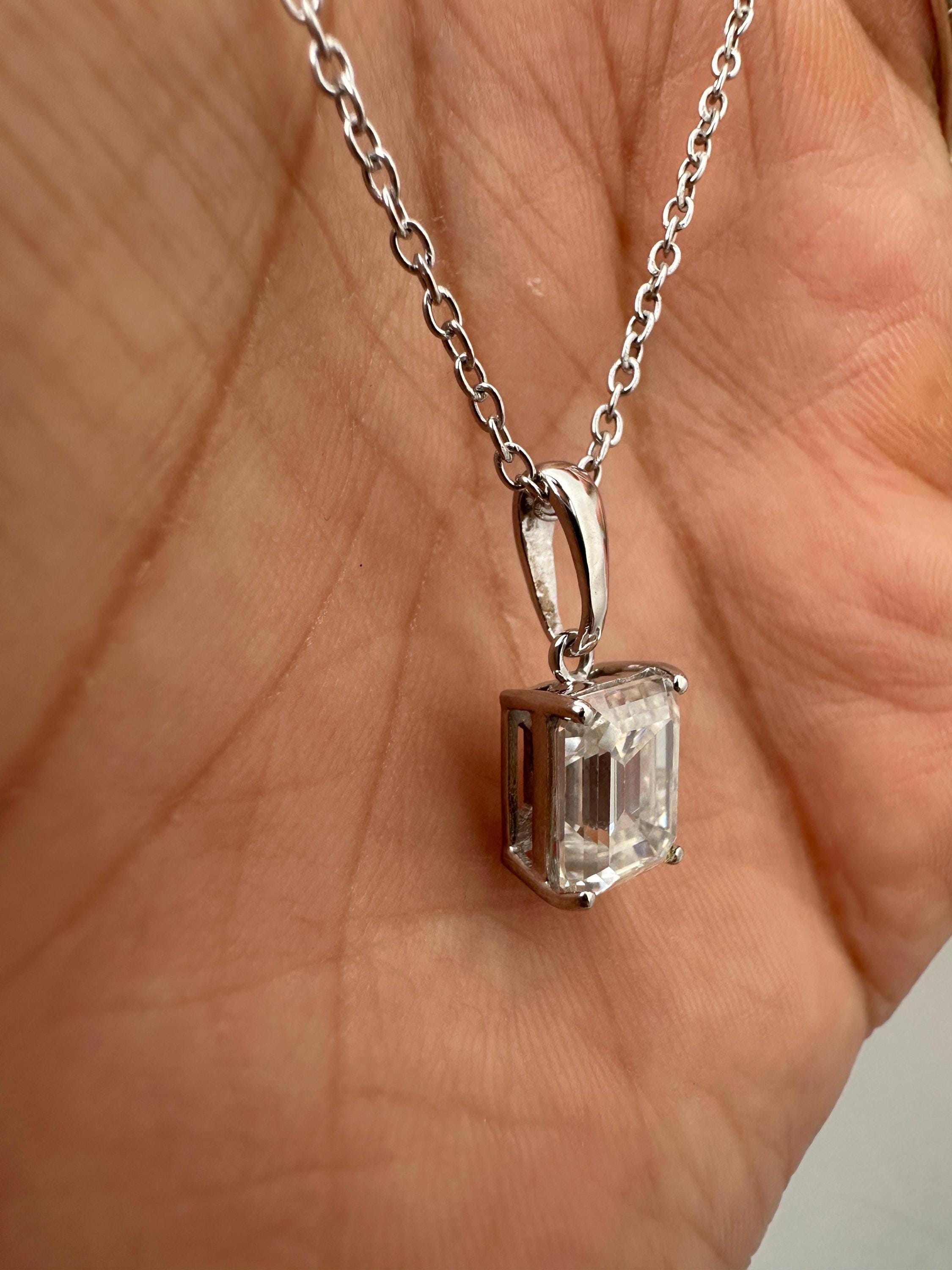 2 CT Emerald Cut Moissanite Solitaire Pendant Necklace, 925 Sterling Silver, Minimalist Fine Jewelry