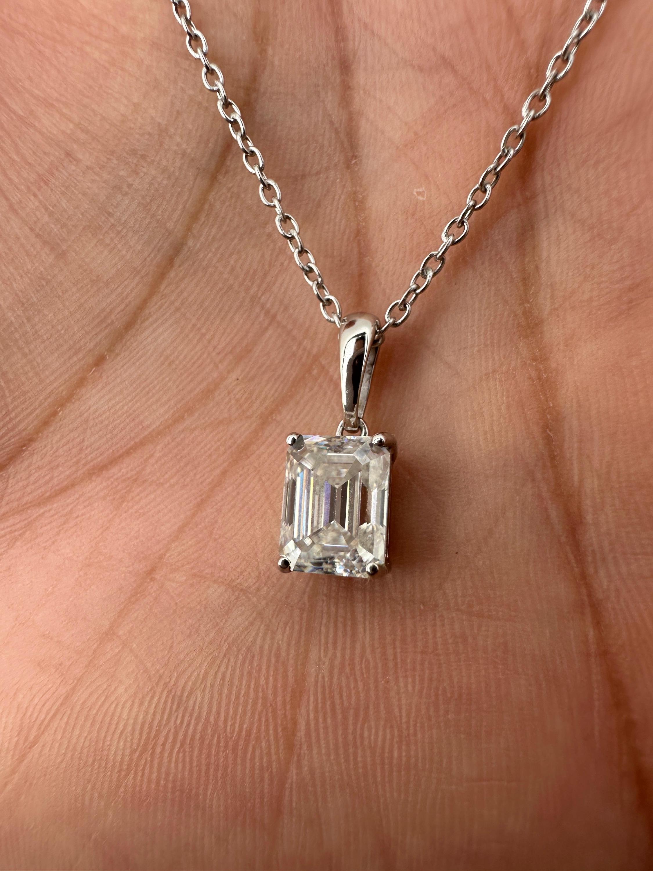 2 CT Emerald Cut Moissanite Solitaire Pendant Necklace, 925 Sterling Silver, Minimalist Fine Jewelry