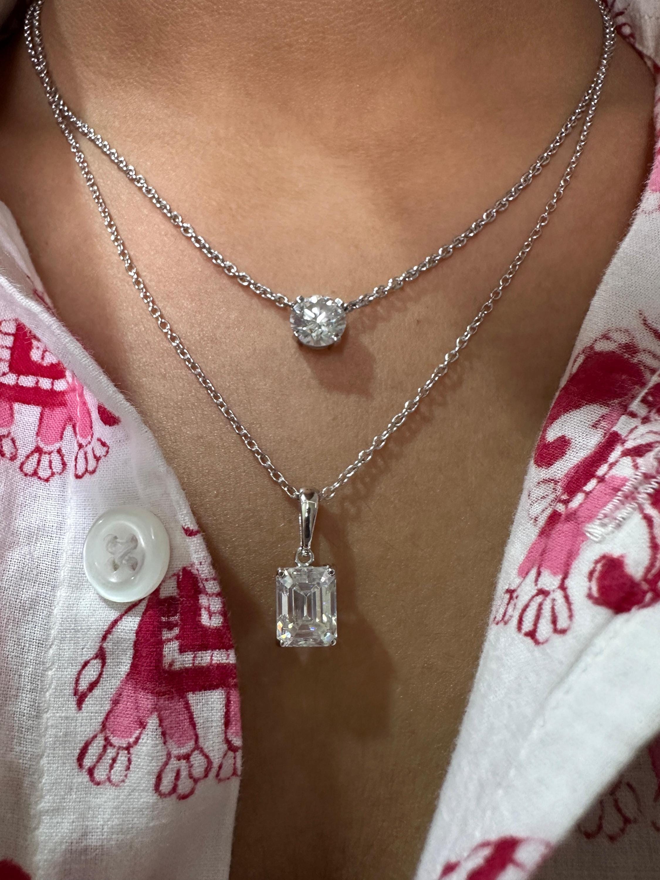 2 CT Emerald Cut Moissanite Solitaire Pendant Necklace, 925 Sterling Silver, Minimalist Fine Jewelry