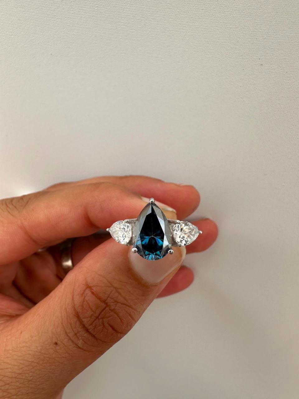 3.5 CT Blue Pear Moissanite Three Stone Ring, 14K White Gold Engagement Ring