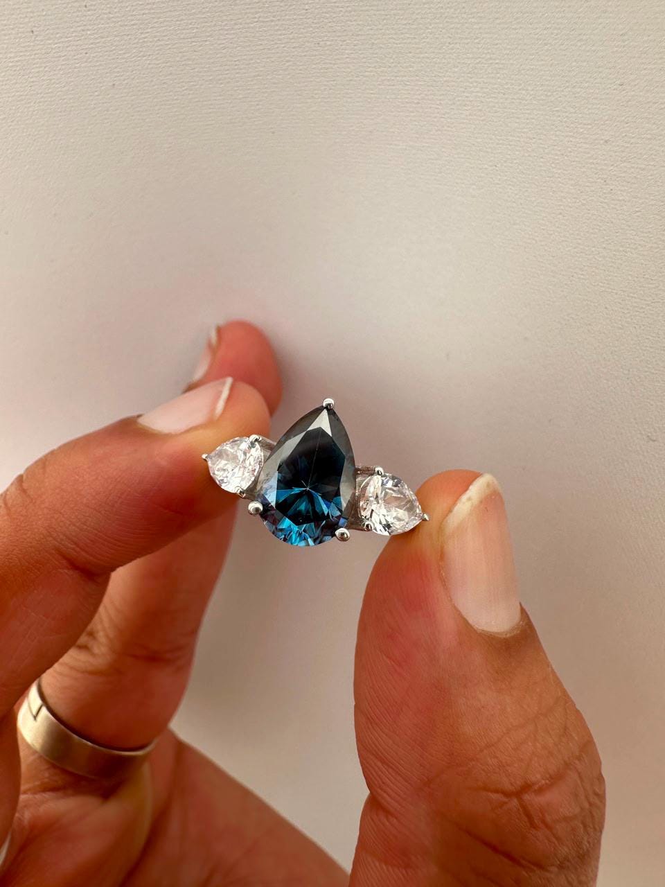 3.5 CT Blue Pear Moissanite Three Stone Ring, 14K White Gold Engagement Ring