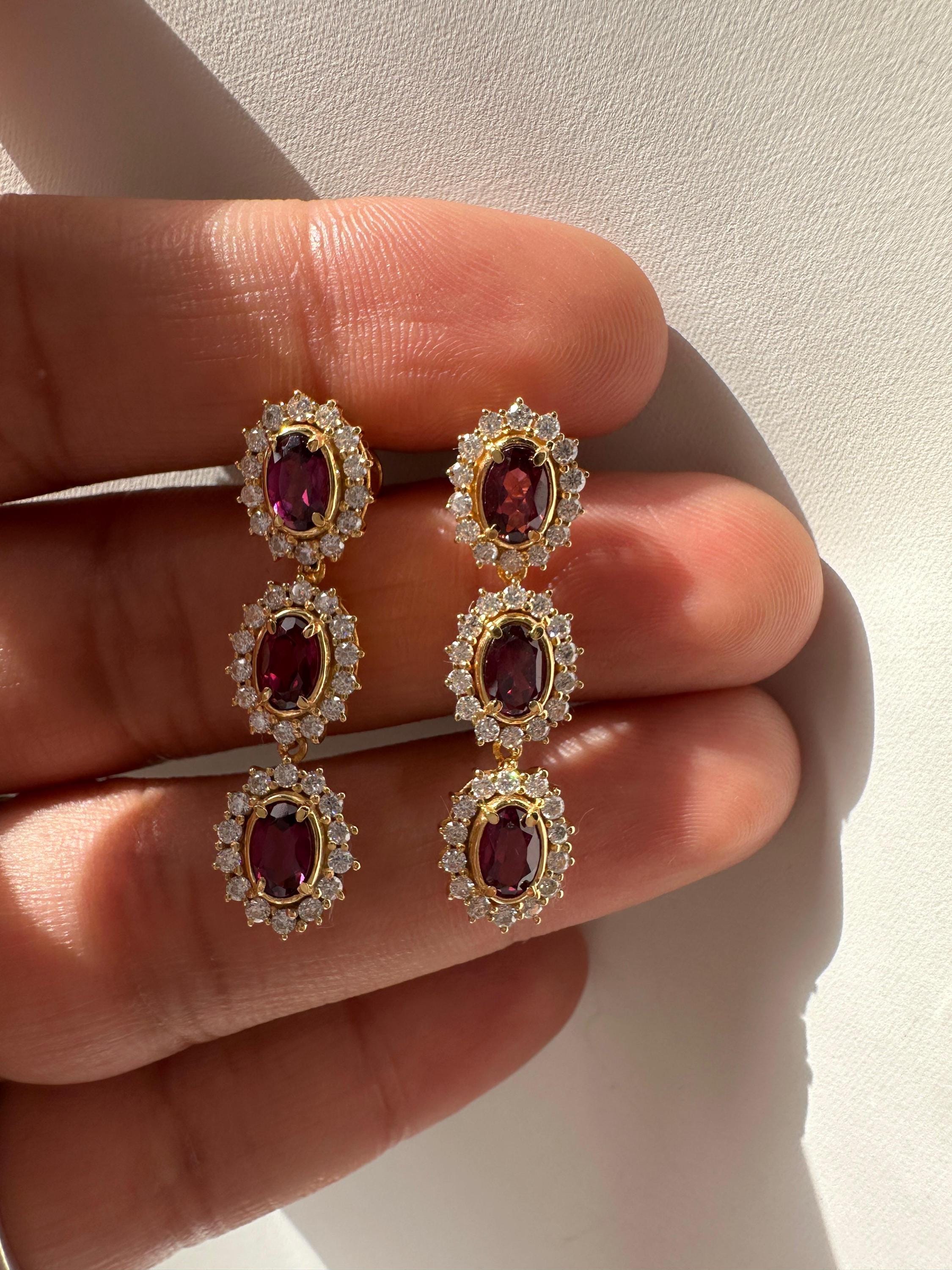Rhodolite Moissanite Halo Dangle Earrings, 14K Gold Vermeil, Vintage Inspired Drop Style