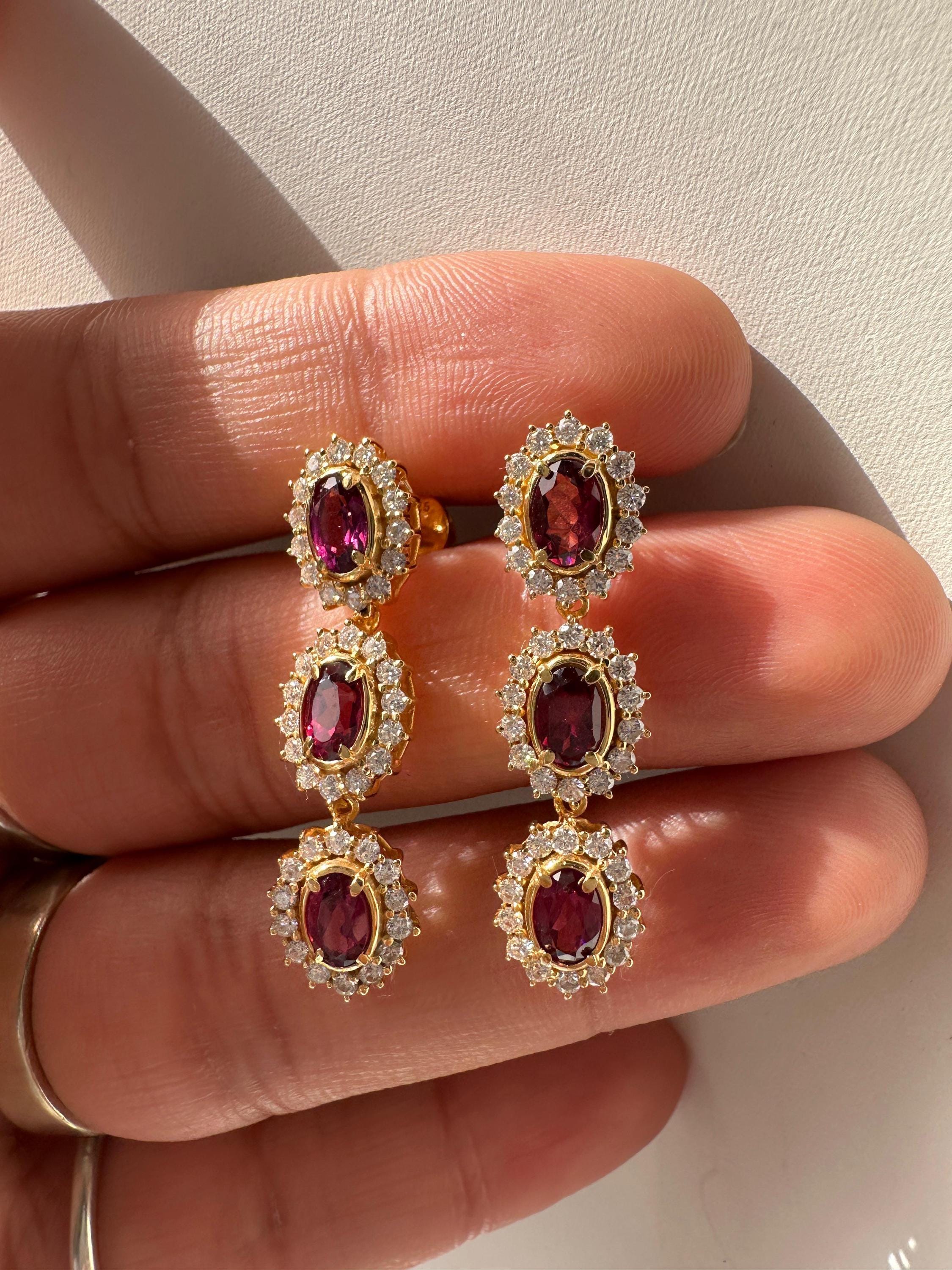 Rhodolite Moissanite Halo Dangle Earrings, 14K Gold Vermeil, Vintage Inspired Drop Style