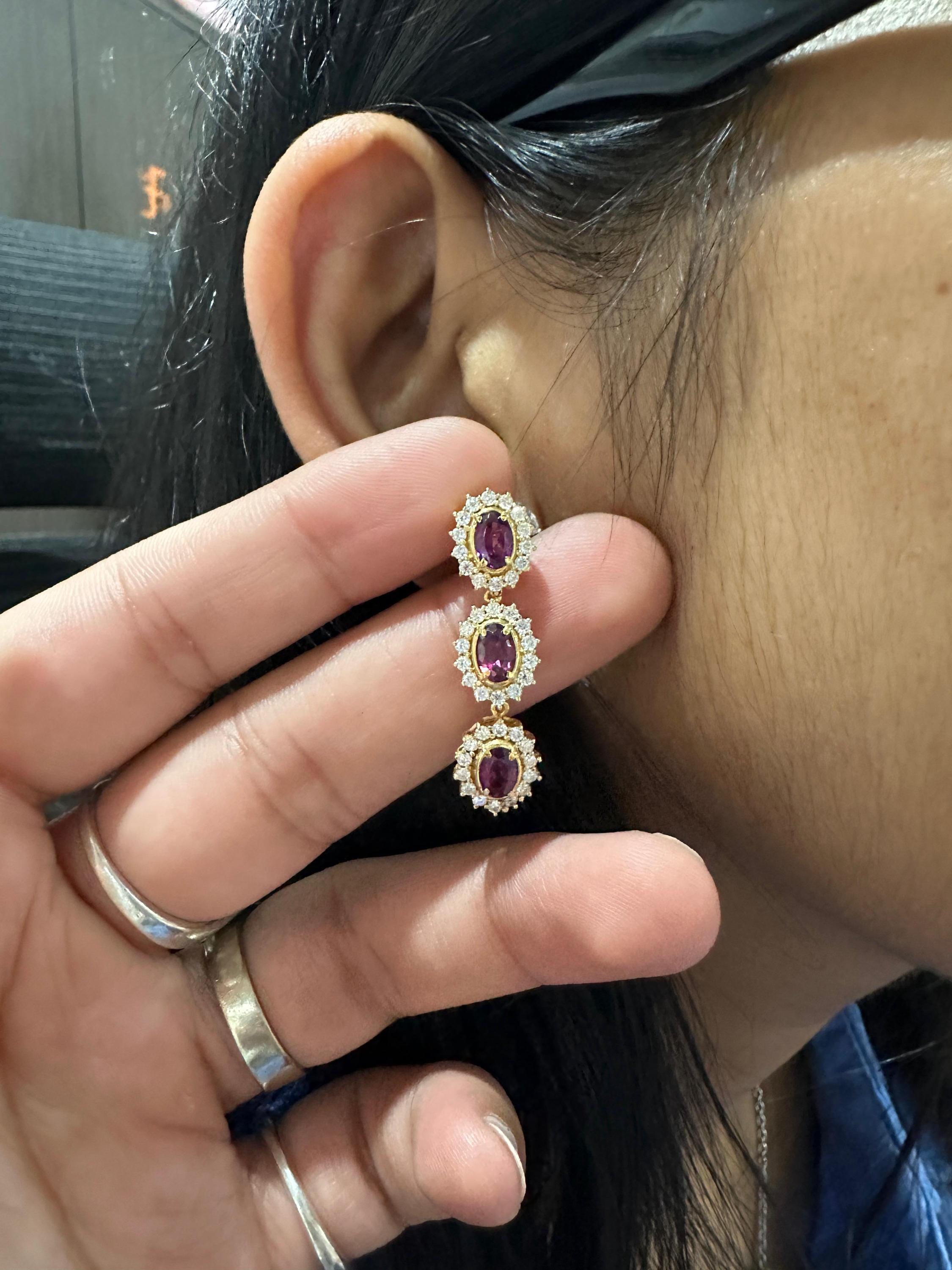 Rhodolite Moissanite Halo Dangle Earrings, 14K Gold Vermeil, Vintage Inspired Drop Style