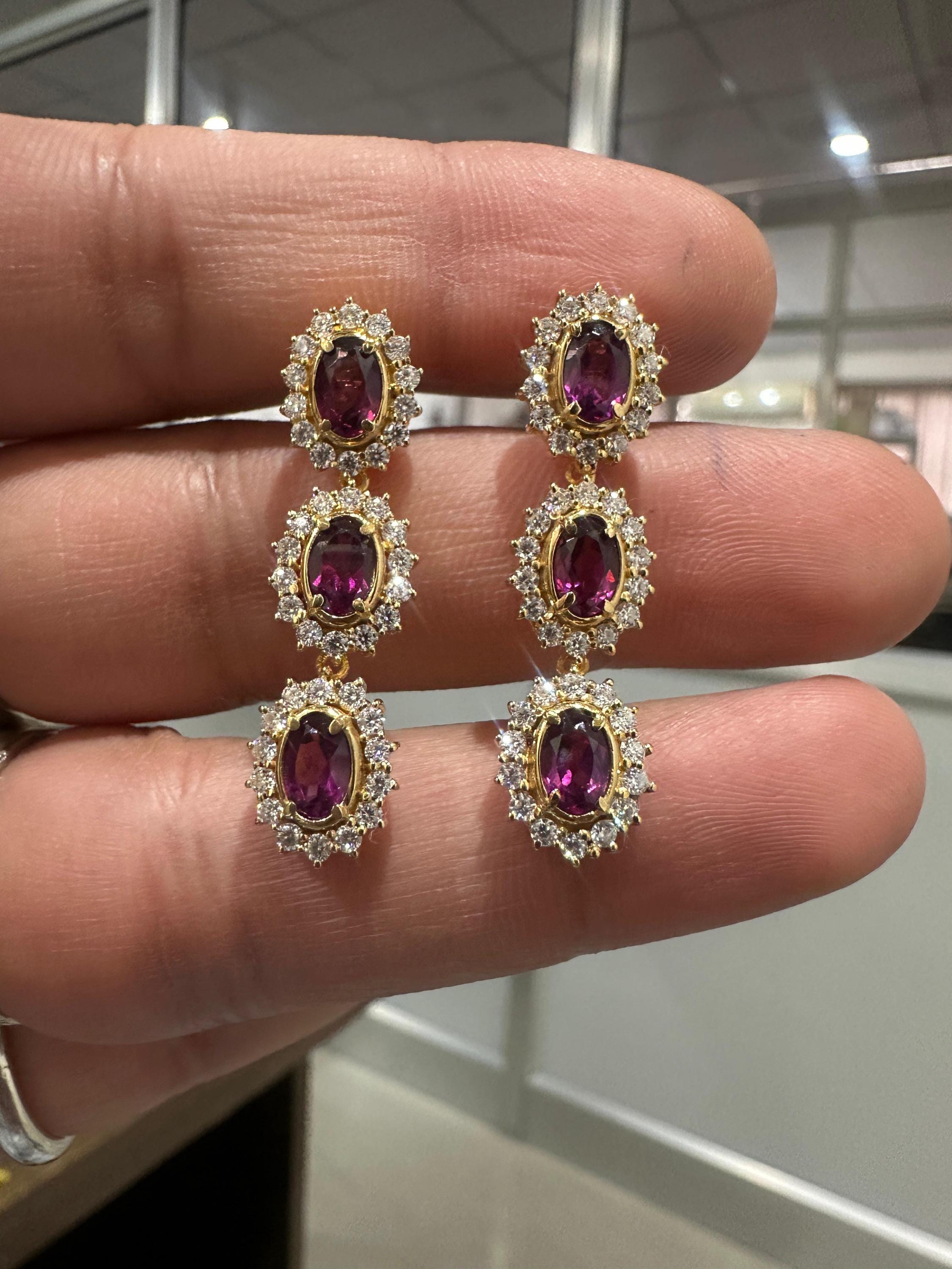 Rhodolite Moissanite Halo Dangle Earrings, 14K Gold Vermeil, Vintage Inspired Drop Style