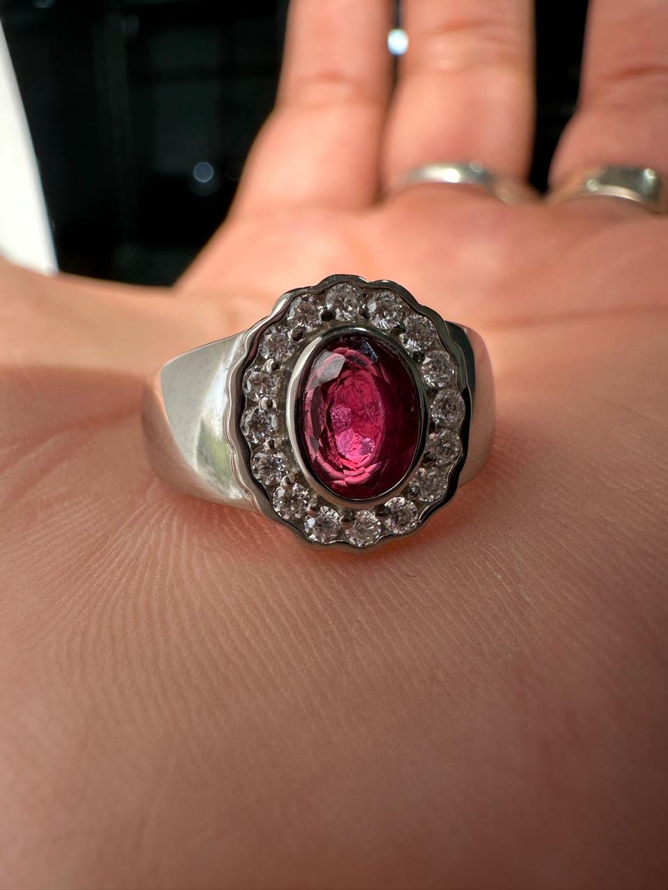 Natural Oval Ruby Halo Ring, 925 Sterling Silver, July Birthstone, Vintage Statement Jewelry