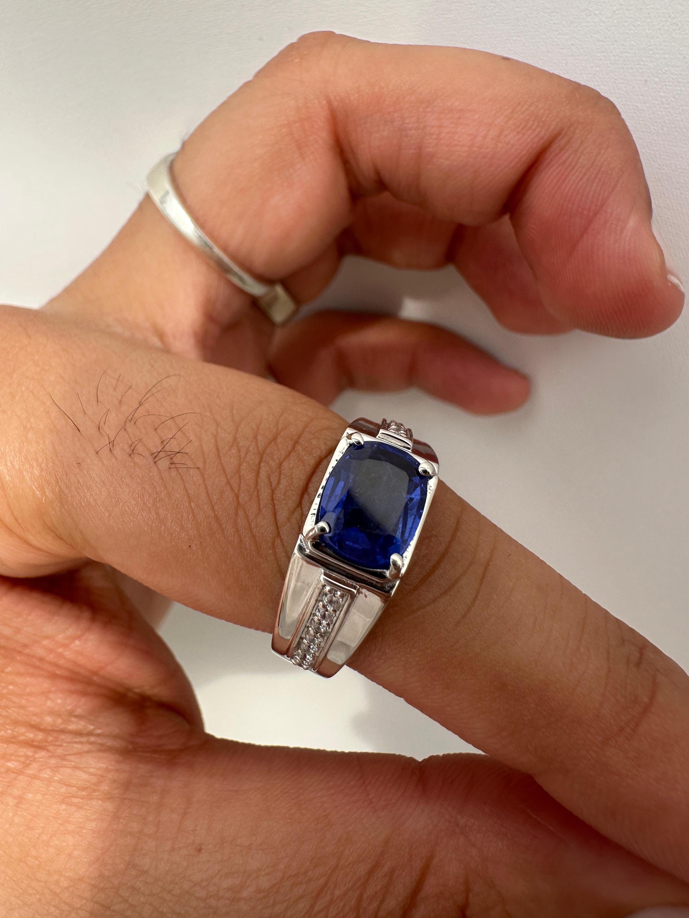 Sapphire Cushion Cut Men’s Engagement Ring in 14K White Gold, Blue Gemstone Ring