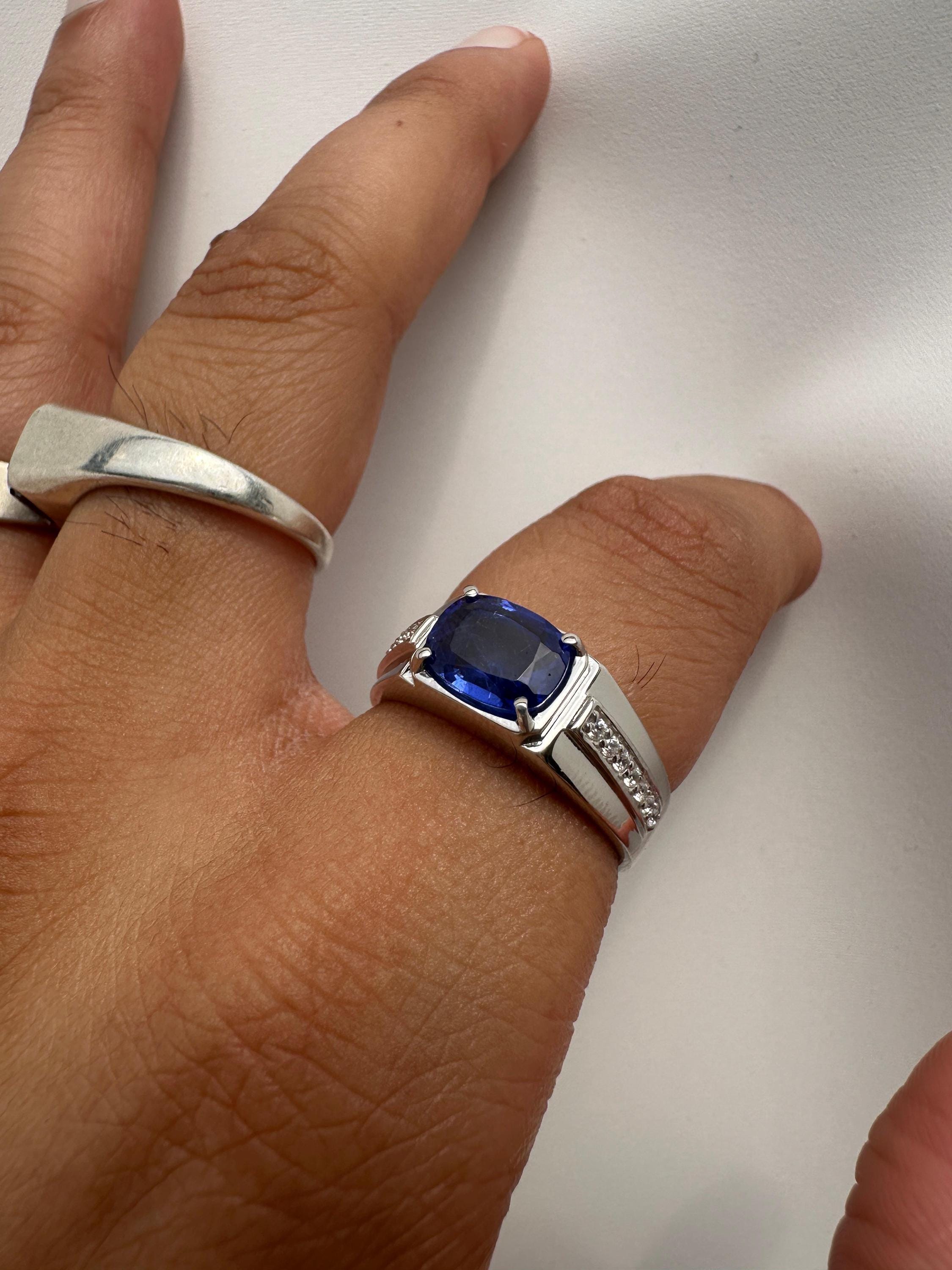 Sapphire Cushion Cut Men’s Engagement Ring in 14K White Gold, Blue Gemstone Ring