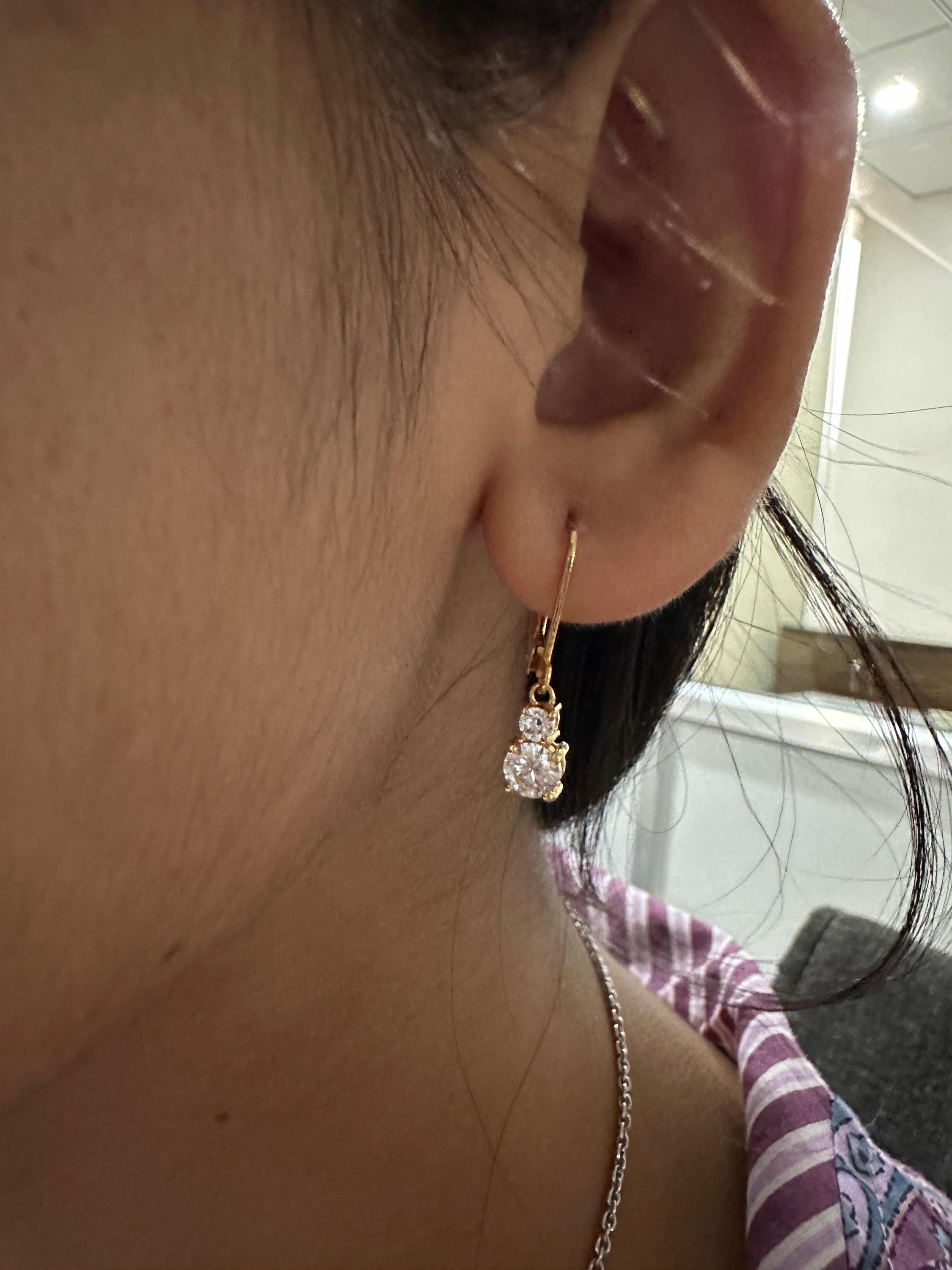 Moissanite Lever Back Drop Earrings 14K Gold, Dainty Minimal Earrings, Elegant Gift for Her
