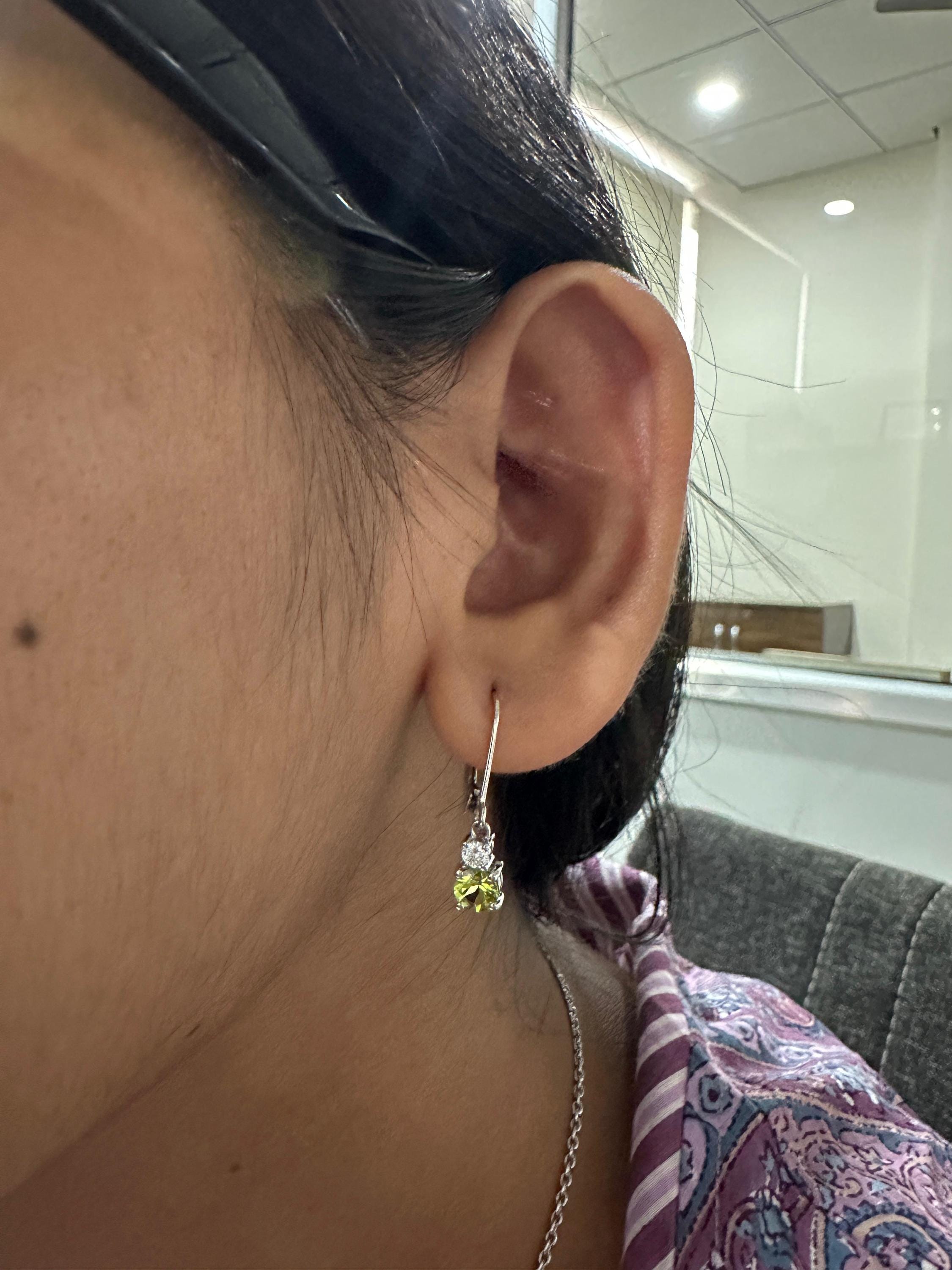 Peridot Moissanite Lever Back Drop Earrings in 925 Sterling Silver, Elegant Gift for Her