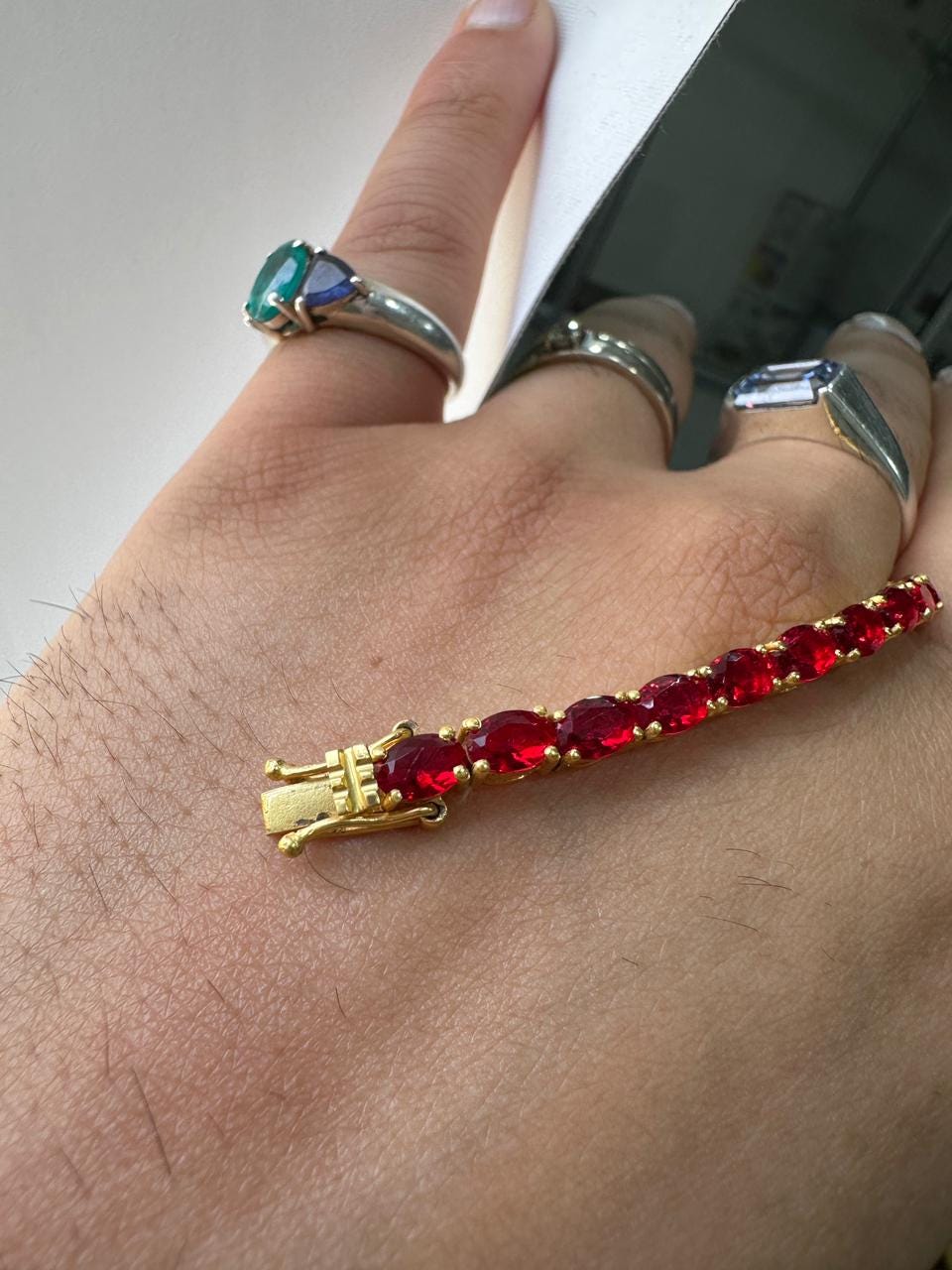 Pigeon Blood Simulated Ruby Tennis Bracelet in 14K Gold Vermeil, Luxury Gemstone Bracelet for Her or Him