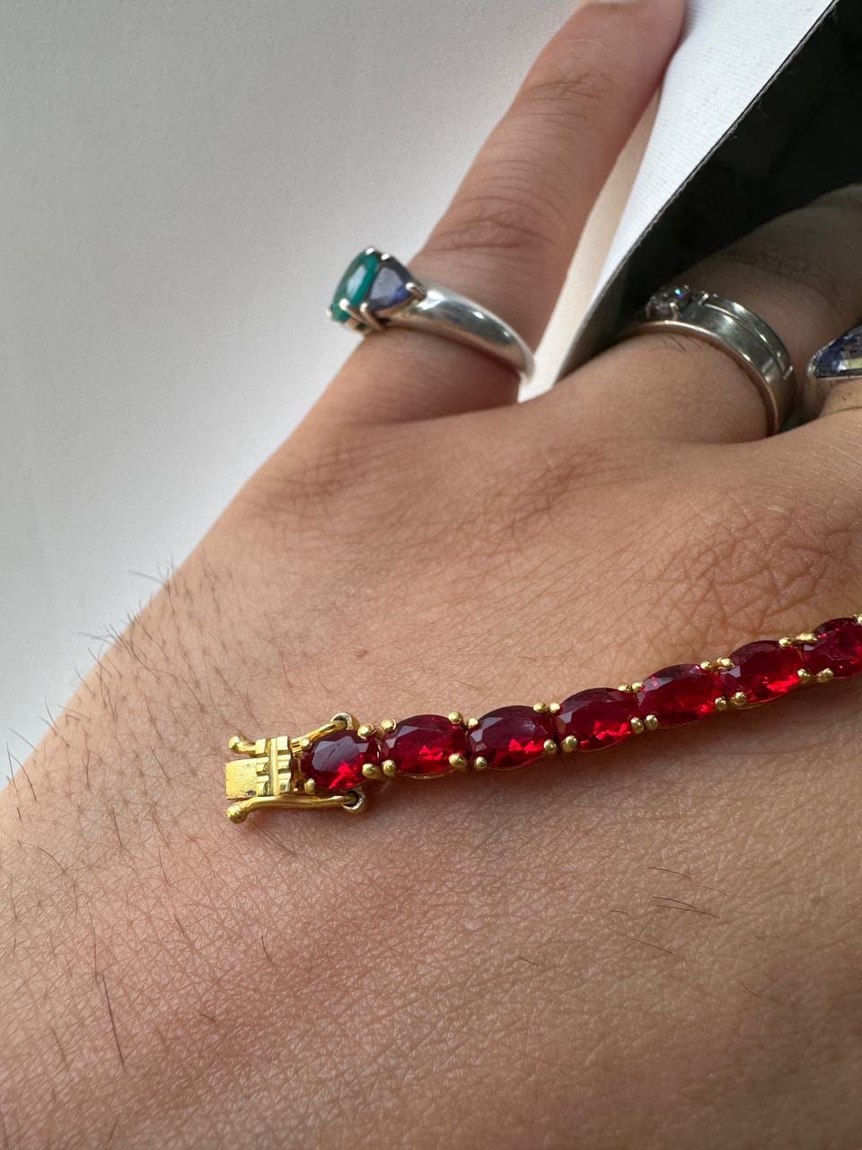 Pigeon Blood Simulated Ruby Tennis Bracelet in 14K Gold Vermeil, Luxury Gemstone Bracelet for Her or Him