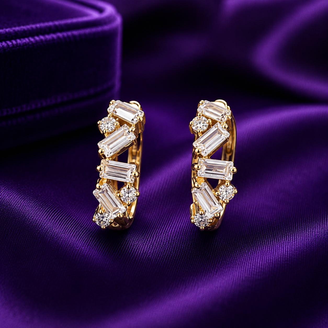 Moissanite Hoop Earrings: 14K Gold Vermeil Hoops, Baguette & Round Cut