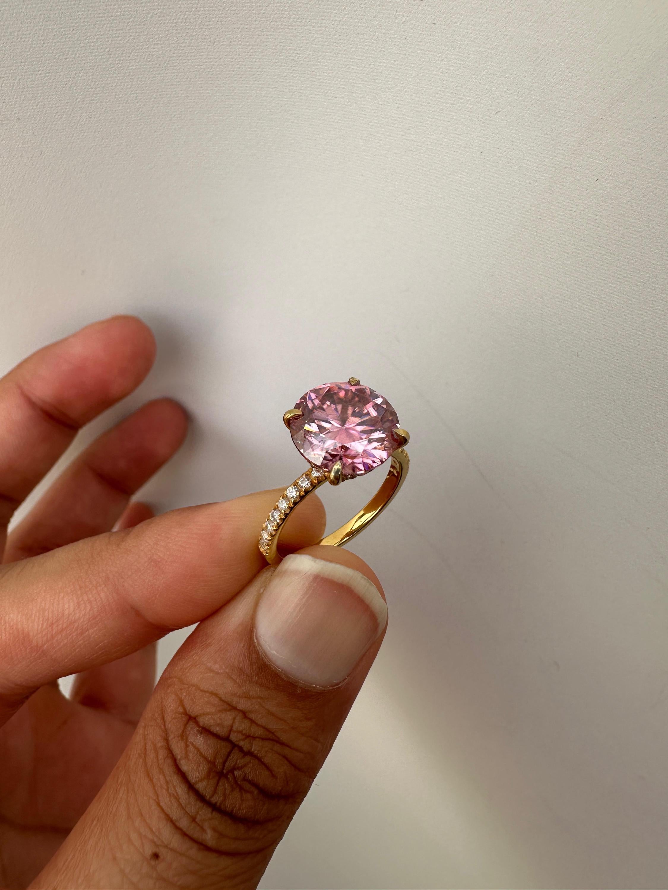 4 CT Pink Moissanite Engagement Ring, Hidden Halo Pavé Band, 14k Gold Vermeil