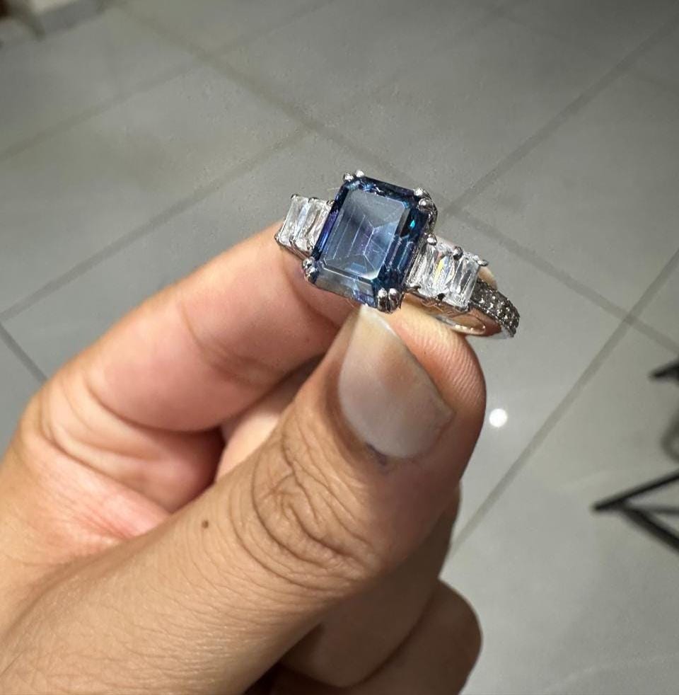 3 CT Emerald Cut Blue Moissanite Engagement Ring, 14K White Gold Anniversary Ring
