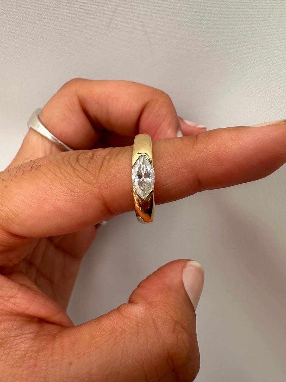 Marquise Moissanite Wedding Ring, 14K Yellow Gold Half Bezel Solitaire Band