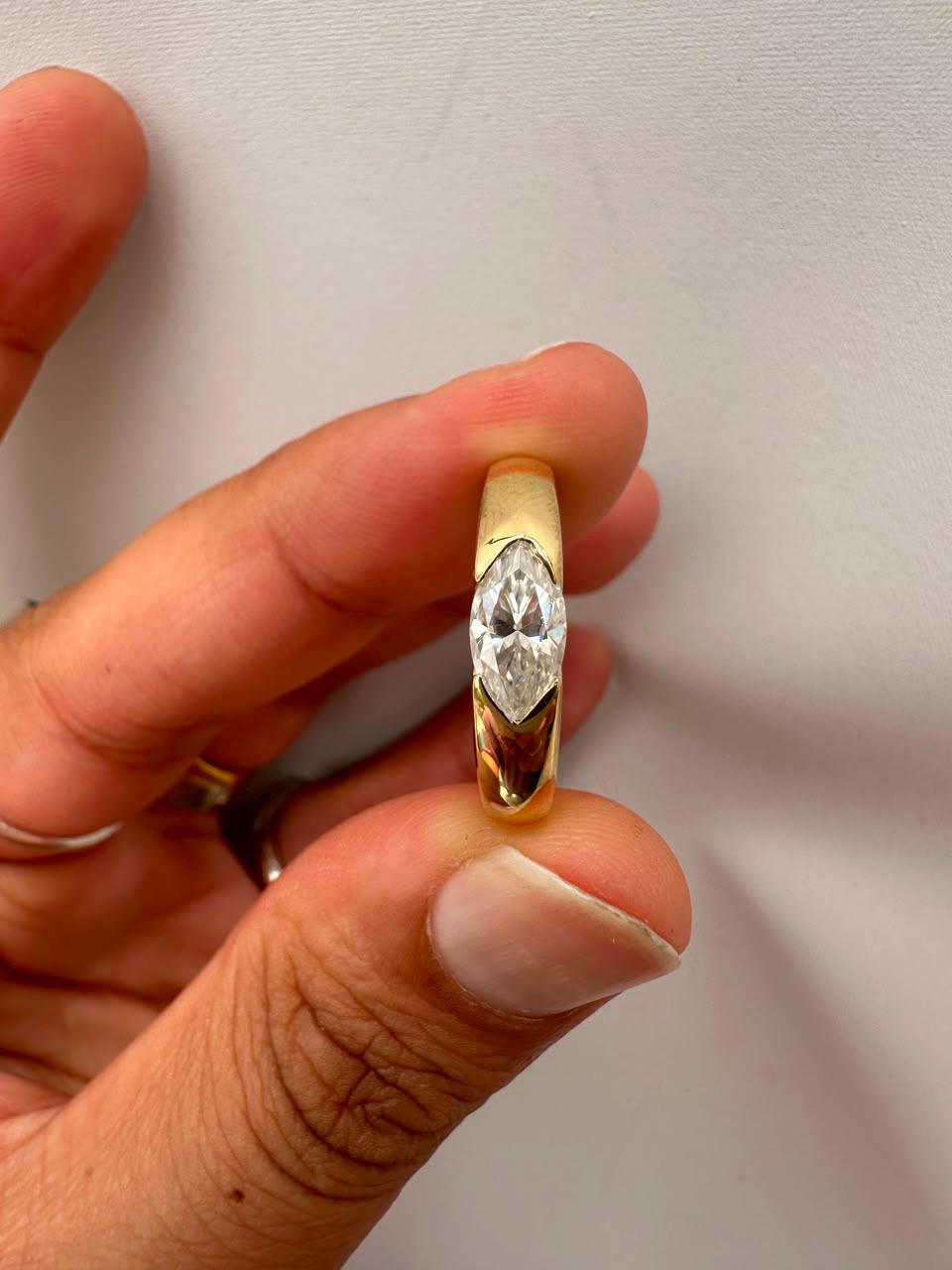 Marquise Moissanite Wedding Ring, 14K Yellow Gold Half Bezel Solitaire Band