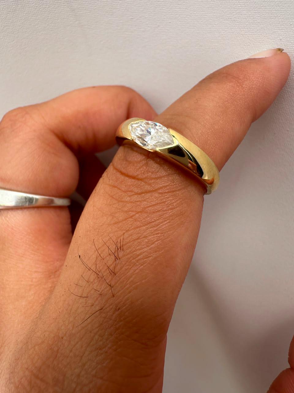 Marquise Moissanite Wedding Ring, 14K Yellow Gold Half Bezel Solitaire Band