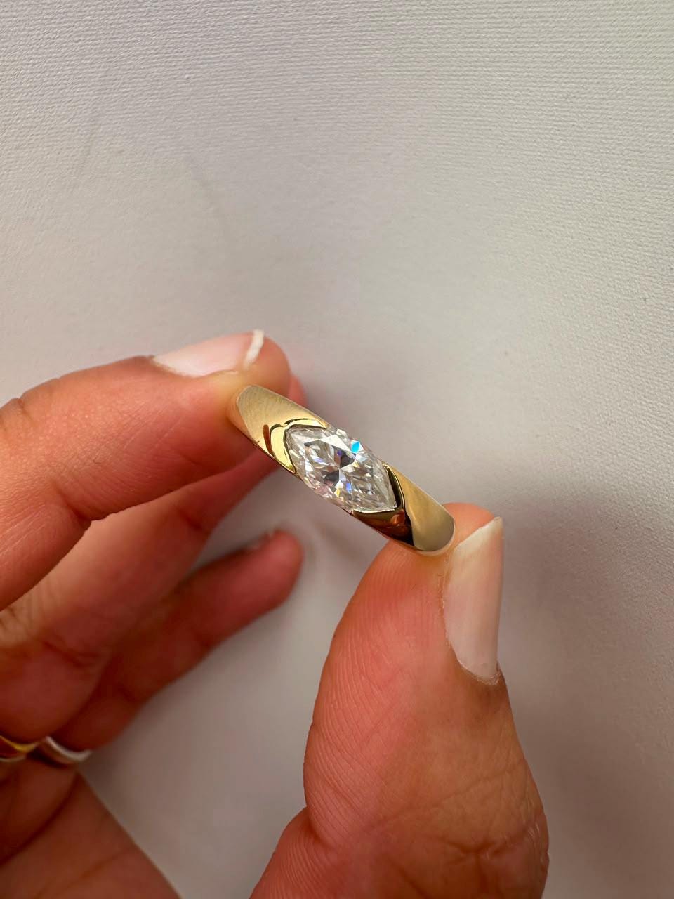 Marquise Moissanite Wedding Ring, 14K Yellow Gold Half Bezel Solitaire Band