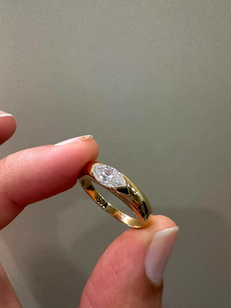 Marquise Moissanite Wedding Ring, 14K Yellow Gold Half Bezel Solitaire Band