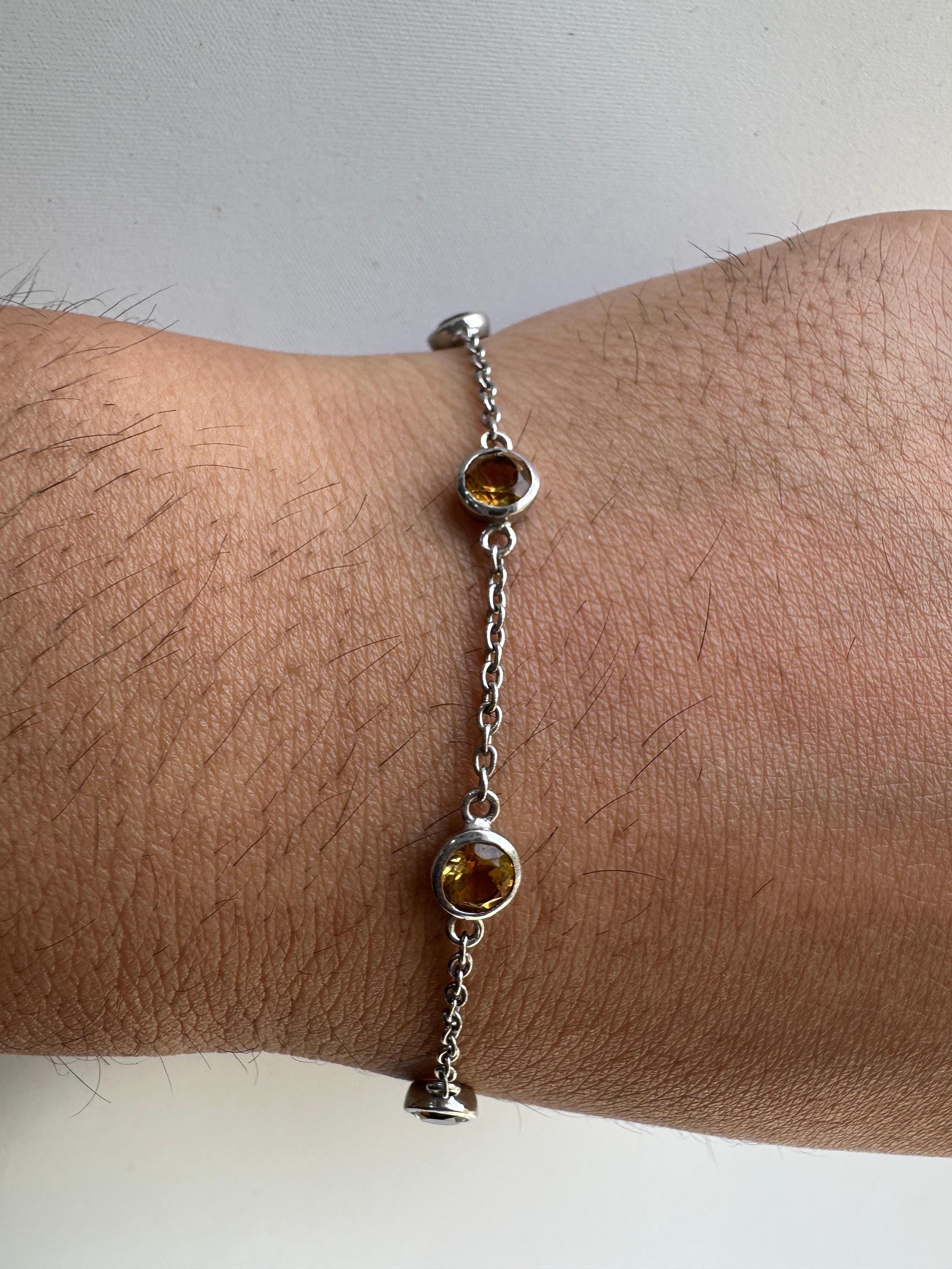 Natural Citrine Chain Bracelet, 925 Silver, Dainty Gemstone Bracelet, Gift for Him or Her