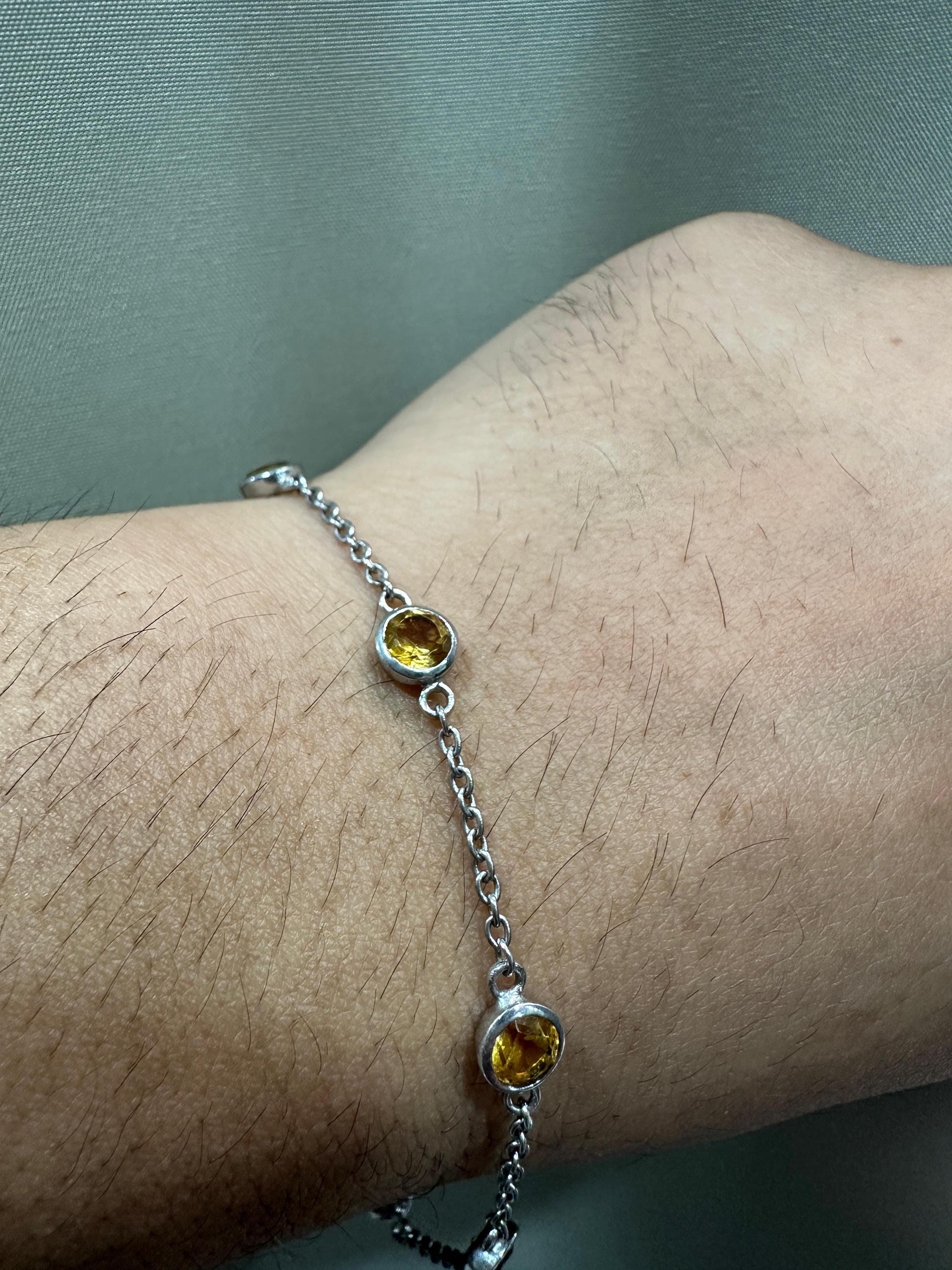 Natural Citrine Chain Bracelet, 925 Silver, Dainty Gemstone Bracelet, Gift for Him or Her