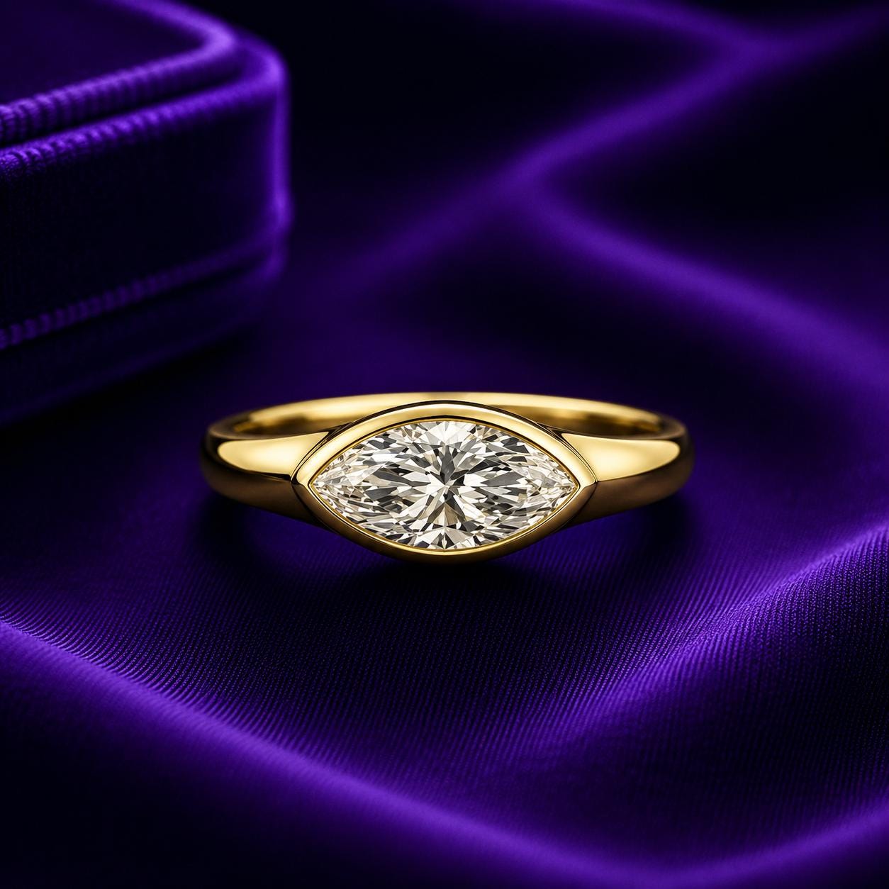 1 Ct Moissanite Signet Ring: 14K Yellow Gold, Marquise Cut Solitaire Ring for her