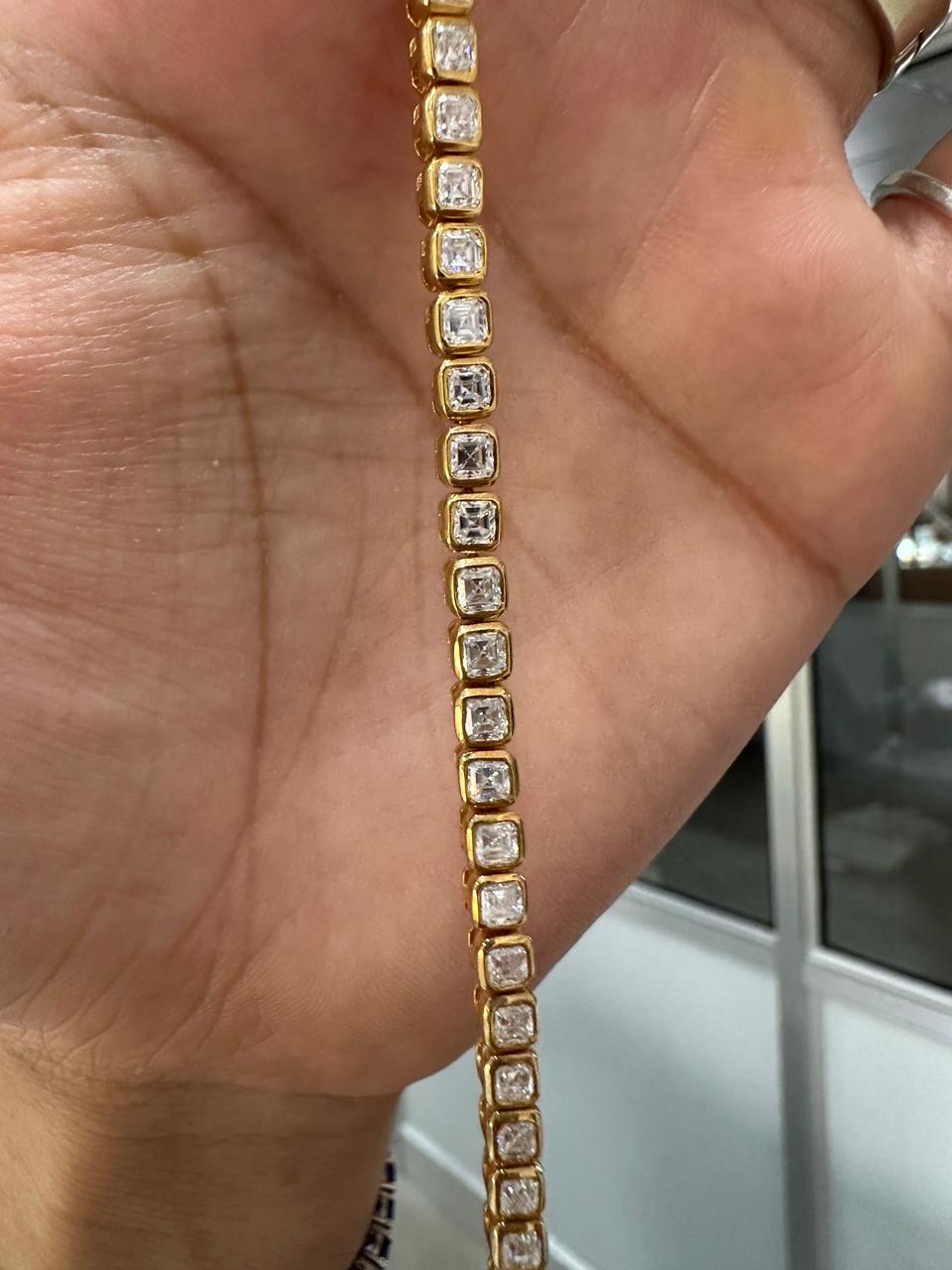 Asscher Cut Moissanite Tennis Bracelet | 14K Gold Bezel Set Statement Jewelry