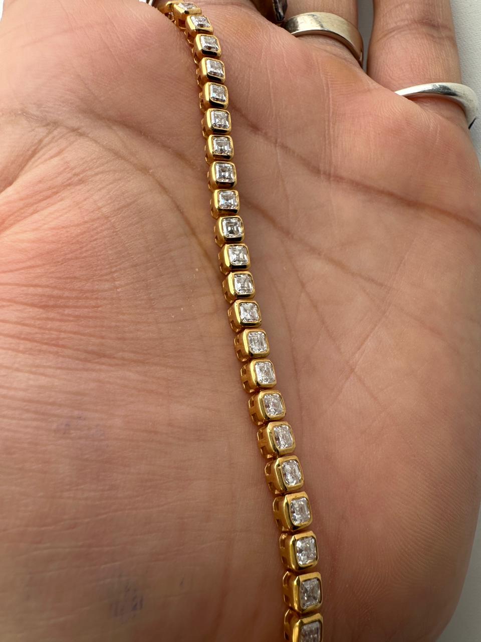 Asscher Cut Moissanite Tennis Bracelet | 14K Gold Bezel Set Statement Jewelry