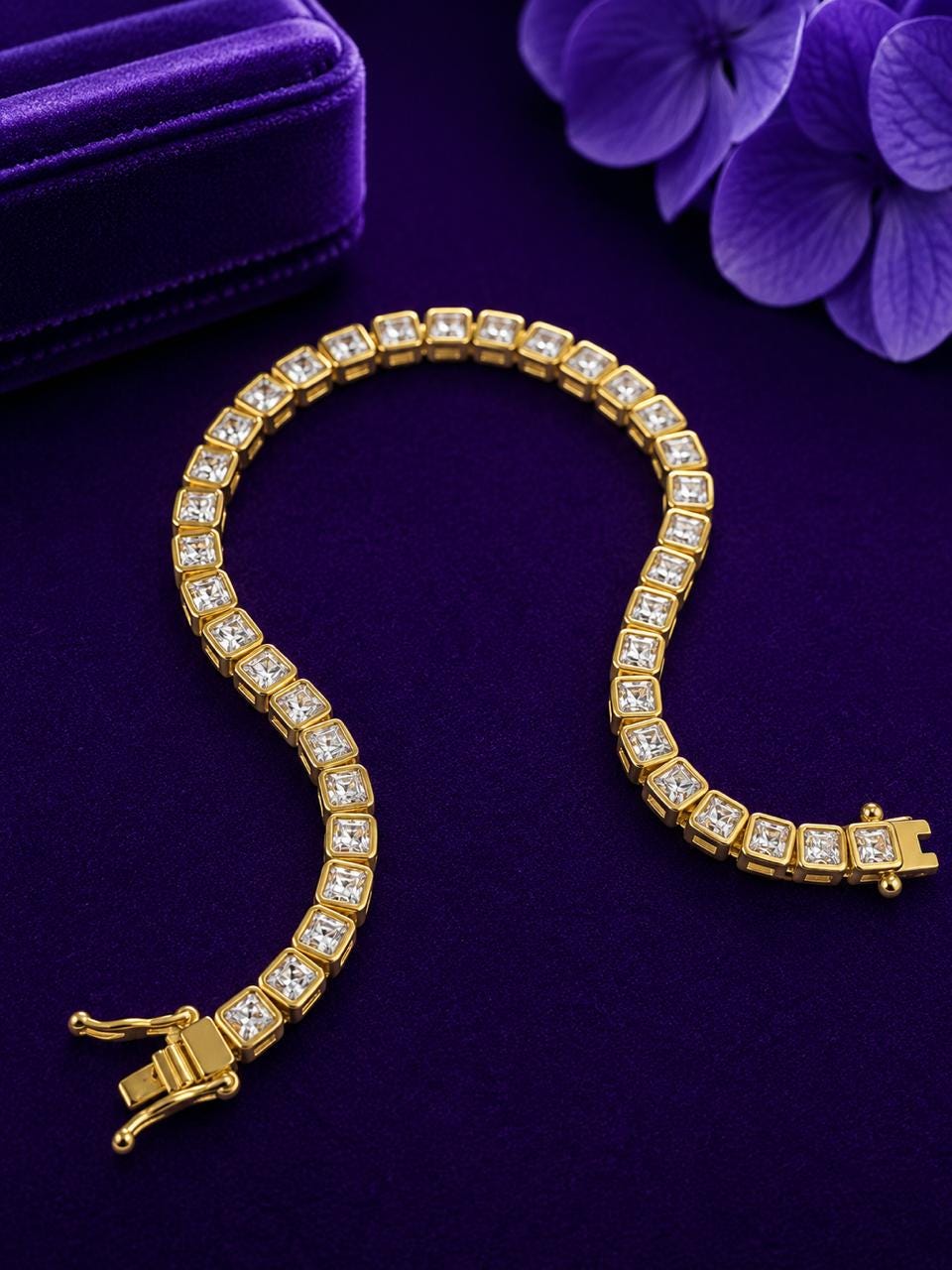Asscher Cut Moissanite Tennis Bracelet | 14K Gold Bezel Set Statement Jewelry