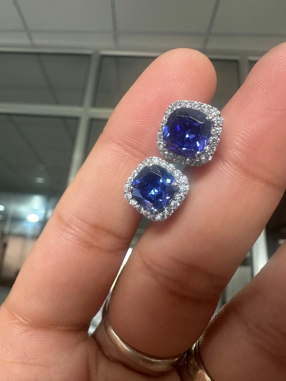 Lab Sapphire Cushion Cut Halo Stud Earrings: 14K White Gold, Moissanite Accents