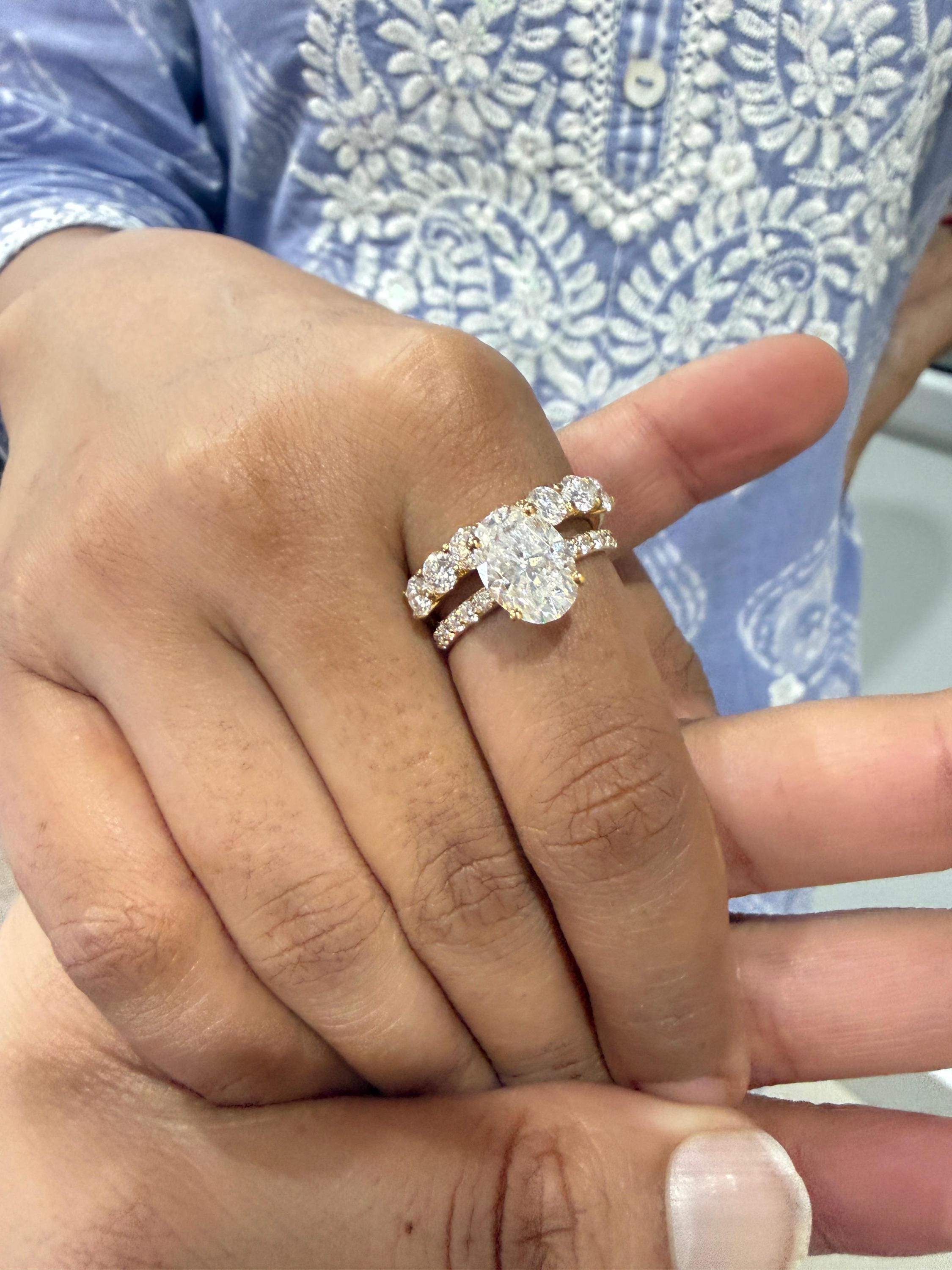 Oval Moissanite Engagement Ring Set, 14K Yellow Gold Hidden Halo Bridal Band