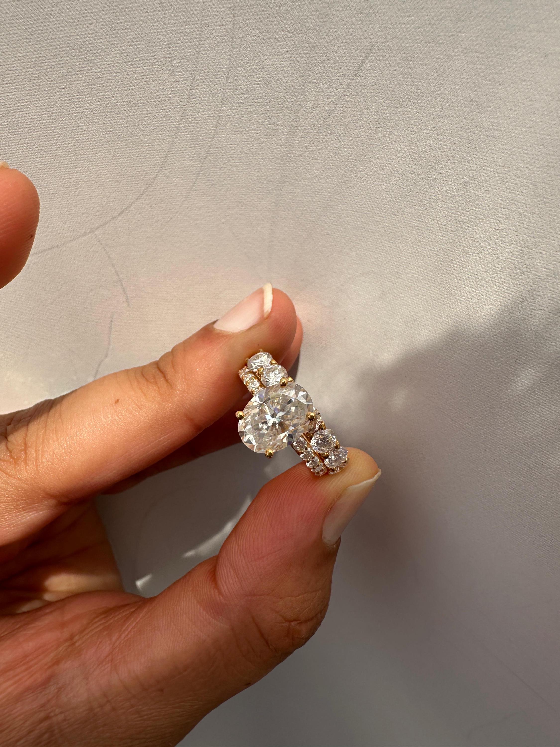 Oval Moissanite Engagement Ring Set, 14K Yellow Gold Hidden Halo Bridal Band
