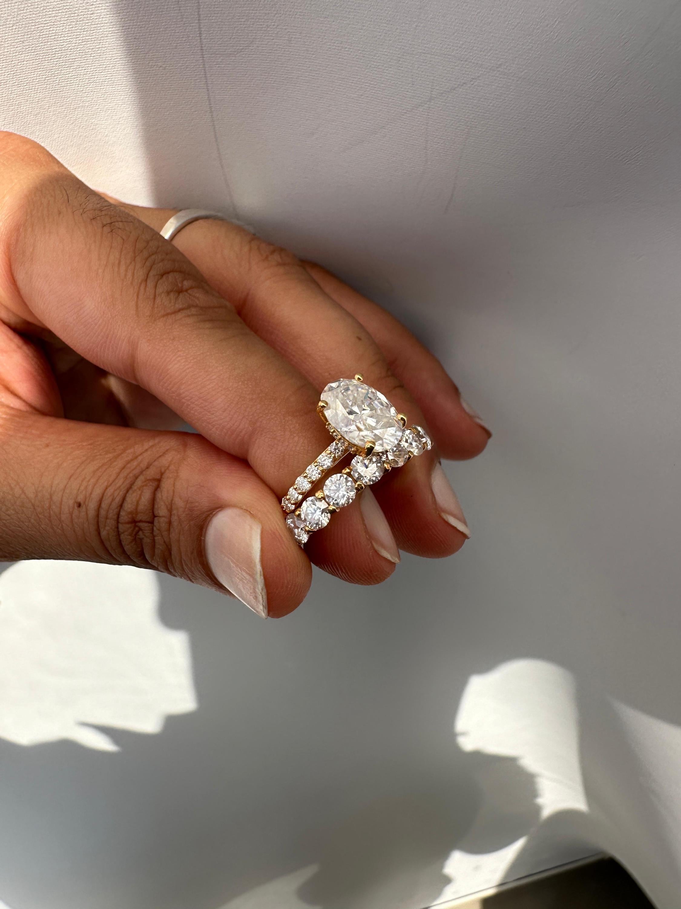 Oval Moissanite Engagement Ring Set, 14K Yellow Gold Hidden Halo Bridal Band