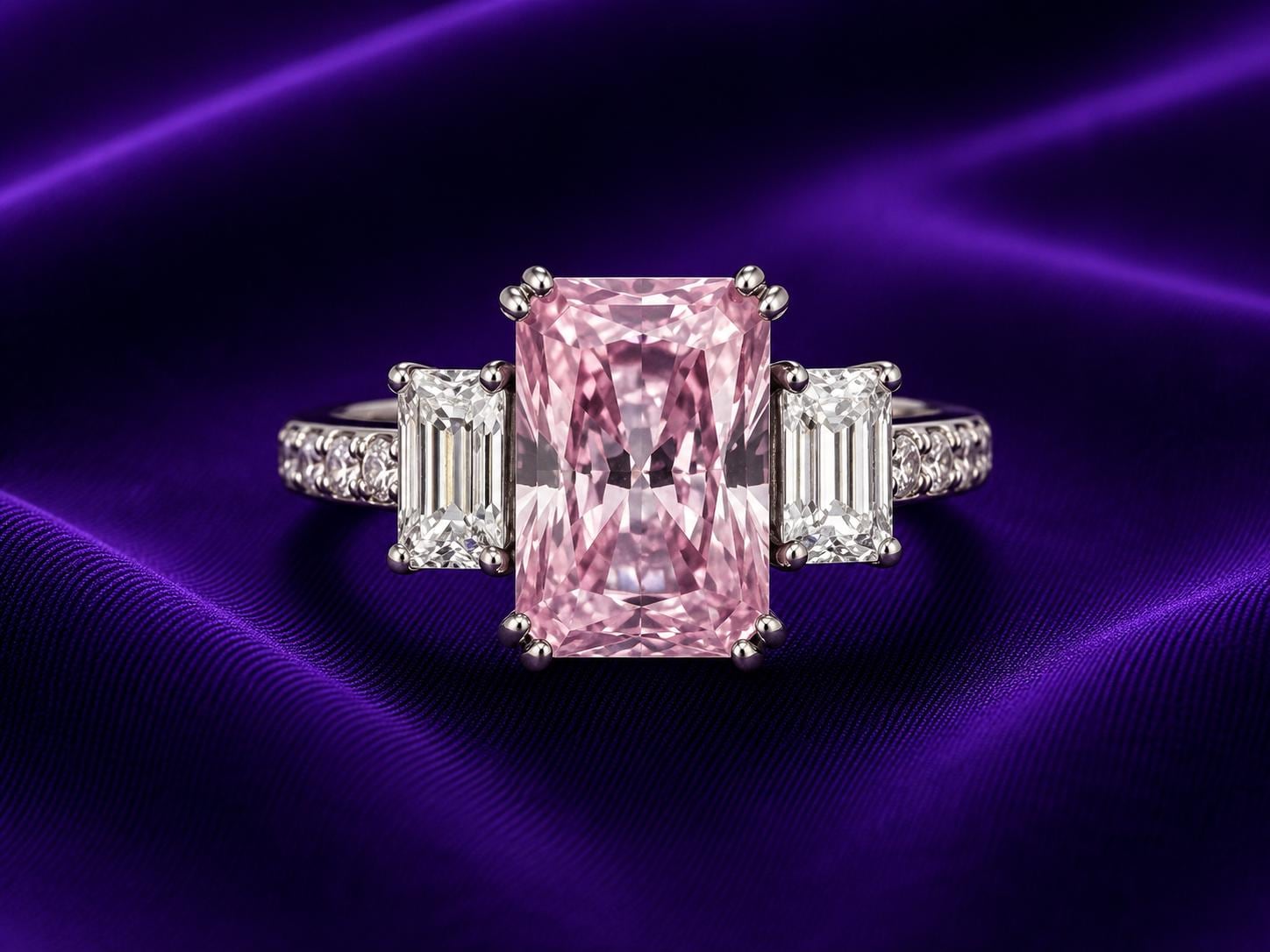 Radiant Lavender Moissanite Engagement Ring | 5 Carat, 10K White Gold, Three Stone Ring