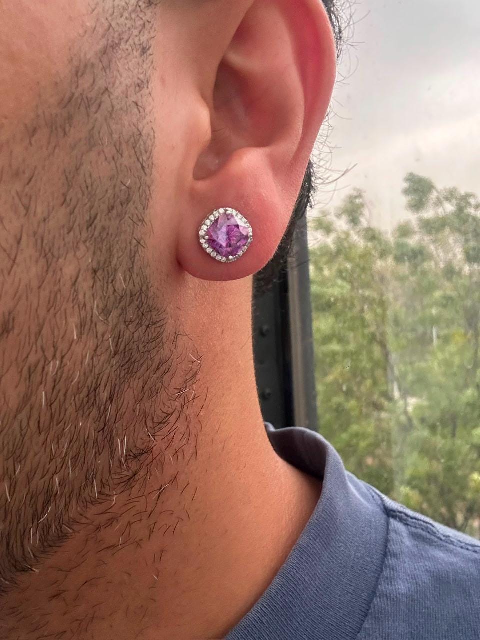 Purple Cushion Cut Moissanite Halo Stud Earrings, 925 Sterling Silver