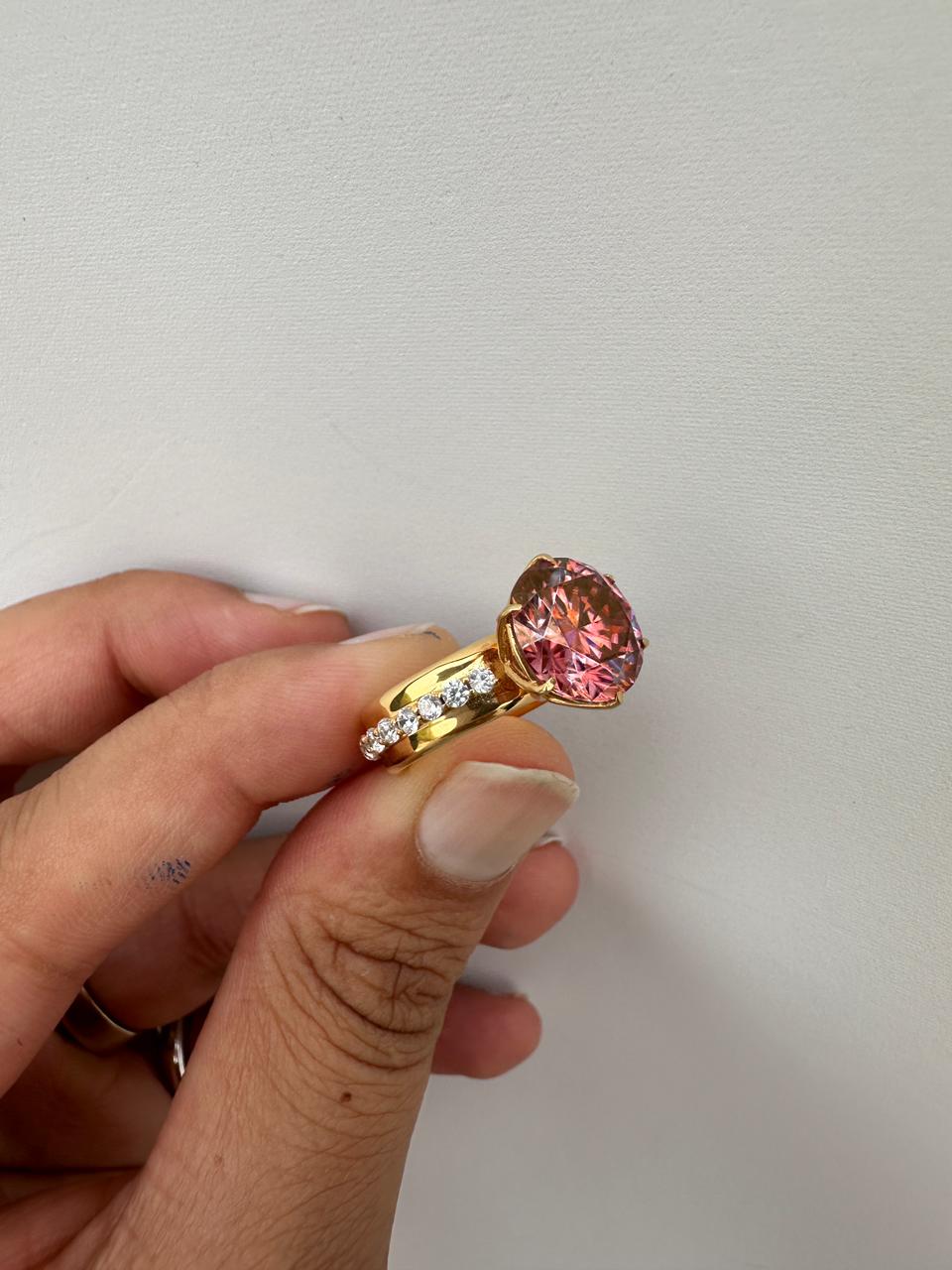 6 Ct Pink Red Moissanite Lotus Ring, 14K Yellow Gold Engagement Statement Ring